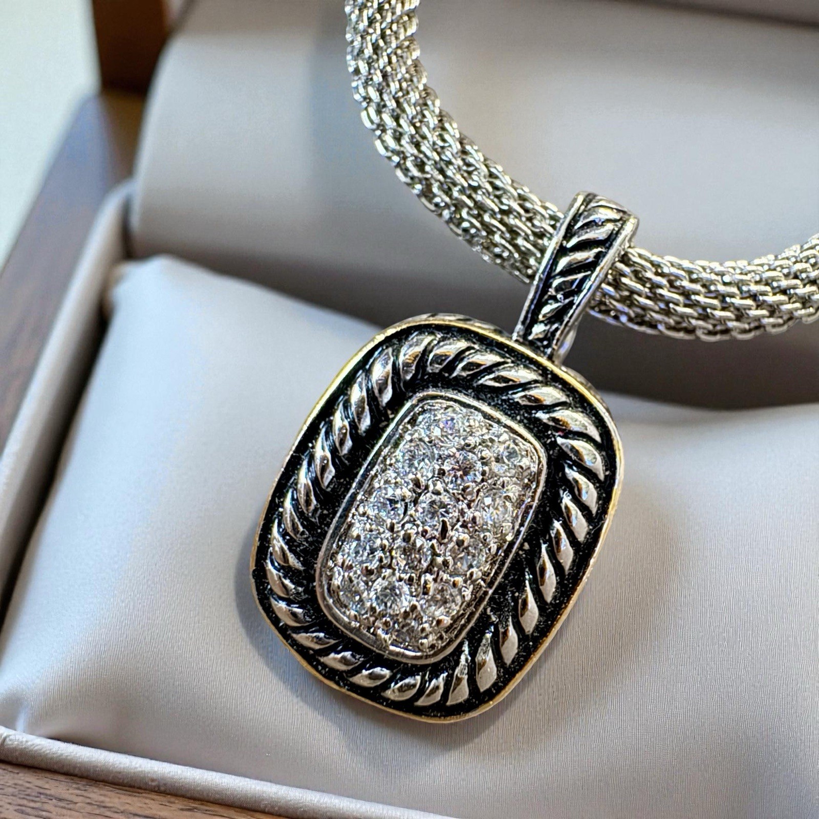 PREMIER Silver & Gold Necklace w/ REMOVABLE Rectangle Rope Pendant w/ Crystals