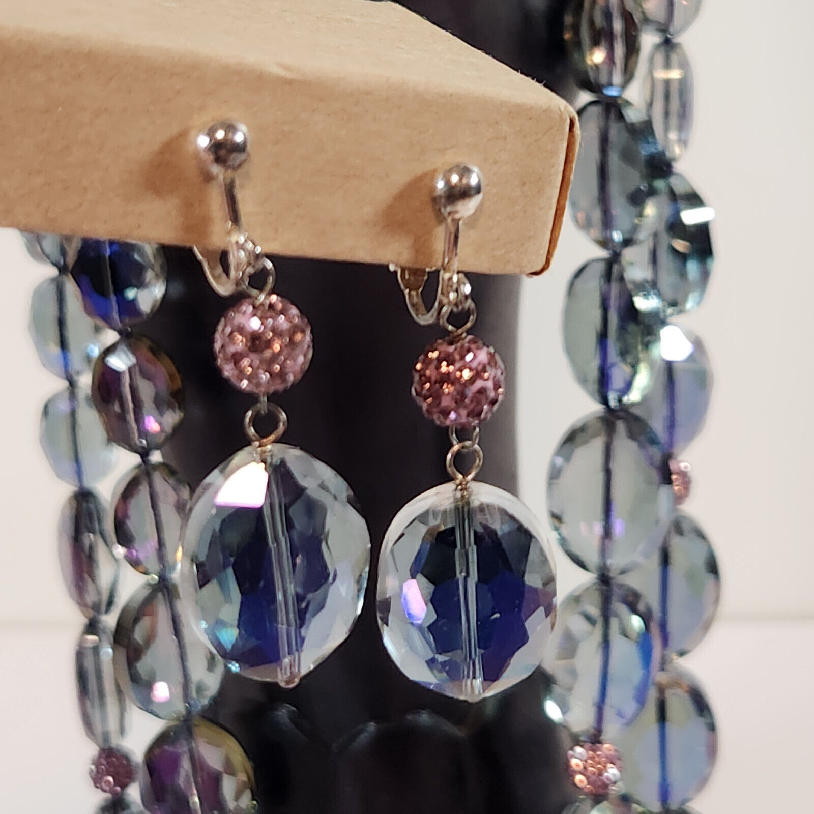 Beaded Necklace Clip Earrings Purple Blue Pink Iridescent Smoky Special Occasion
