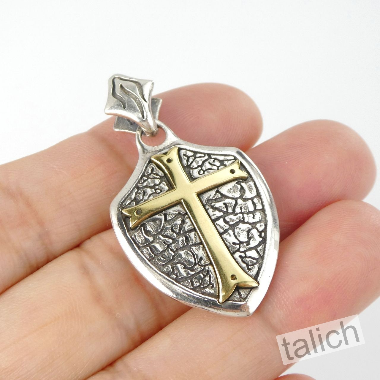 925 Sterling Silver Cross Shield Gothic Knight Faith Amulet Pendant Double Sided