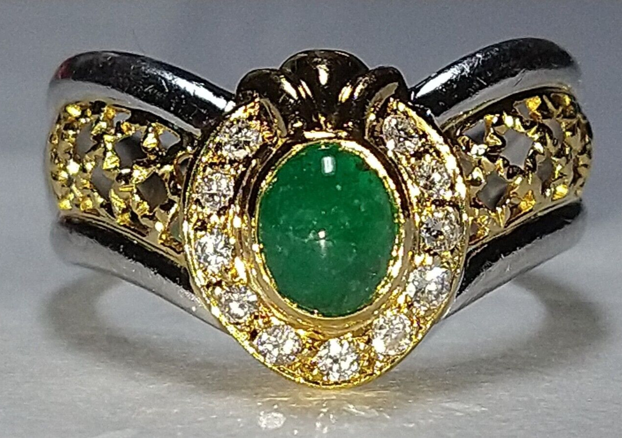 Solid heavy platinum & 18k gold 0.91 carat natural emerald diamond ring 8.76 grm