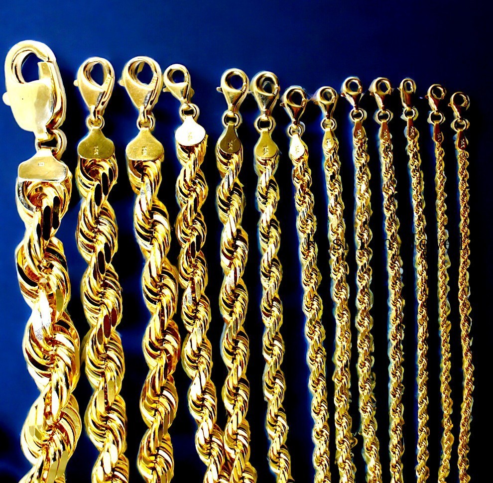 14K Yellow Gold Rope Chain Necklace Diamond Cut Real Gold 1mm-10mm 16″-30″