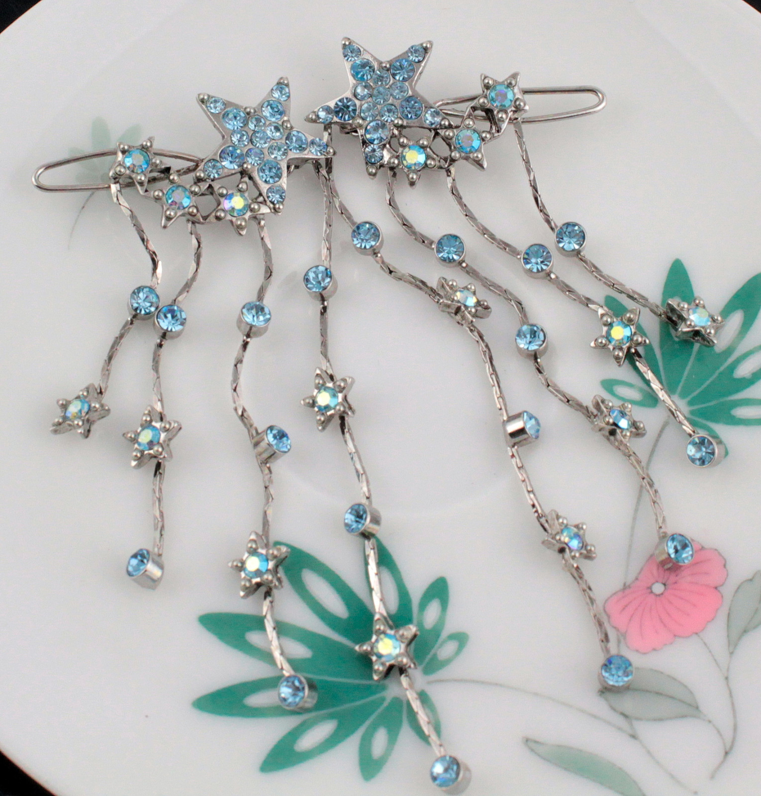 2pcs Dangle Stars Icy Blue Austrian Crystal Rhinestone Hair Barrette Clips B174