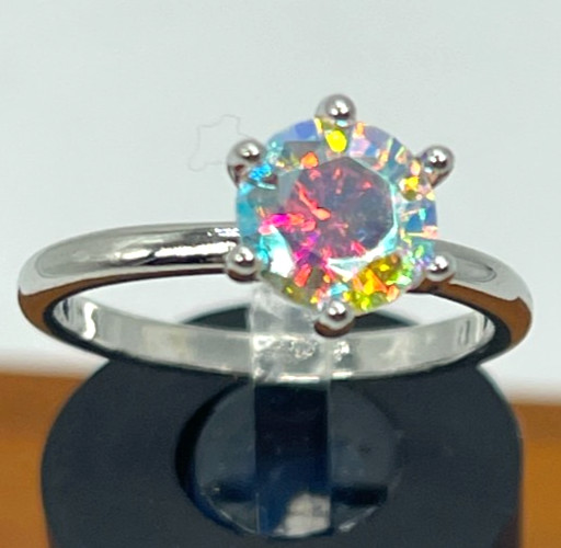 Ring Silver Tone Highly Reflective Clear Crystal Solitaire Size 6