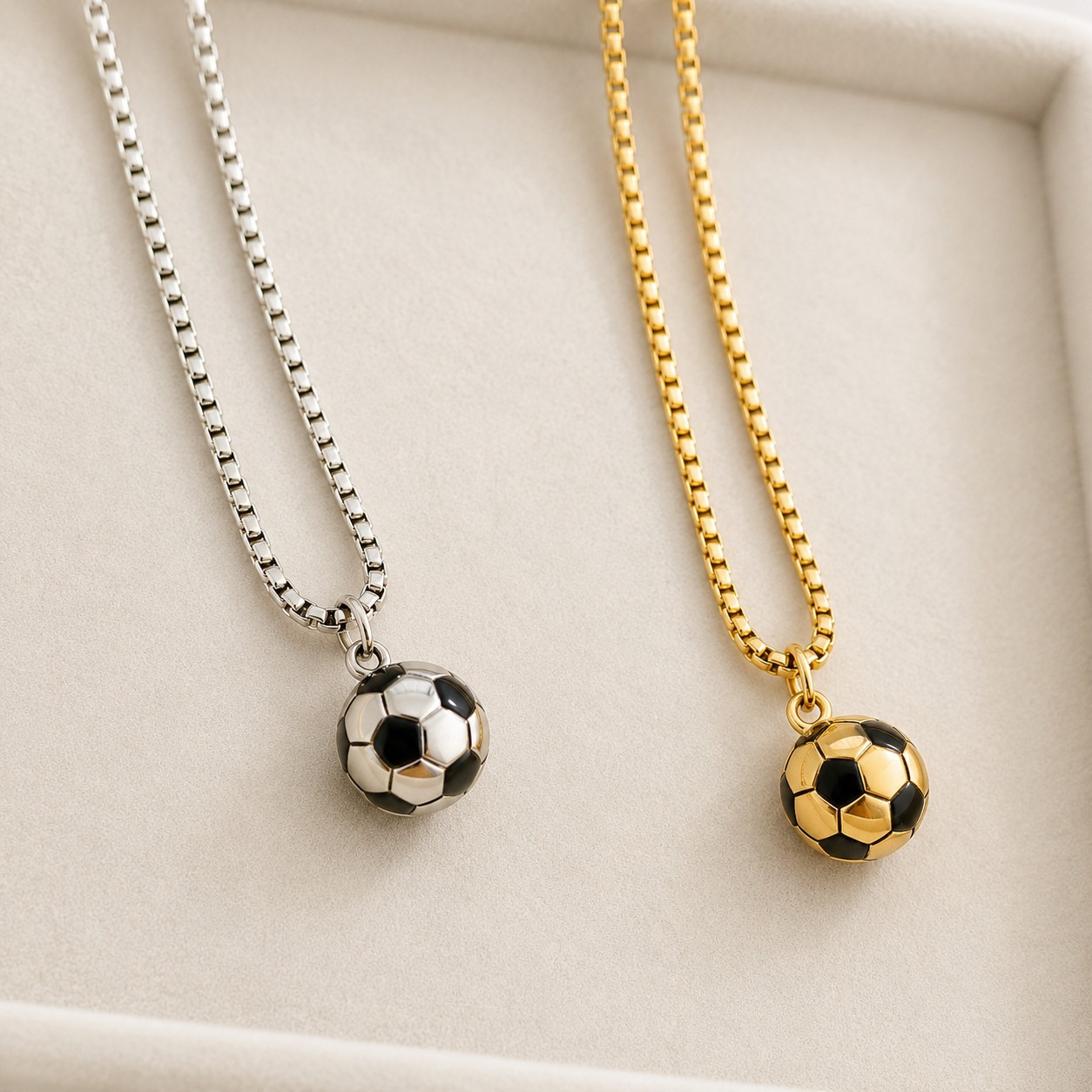 Soccer Ball Pendant Necklace Stainless Steel Box Chain Sports Jewelry Gift