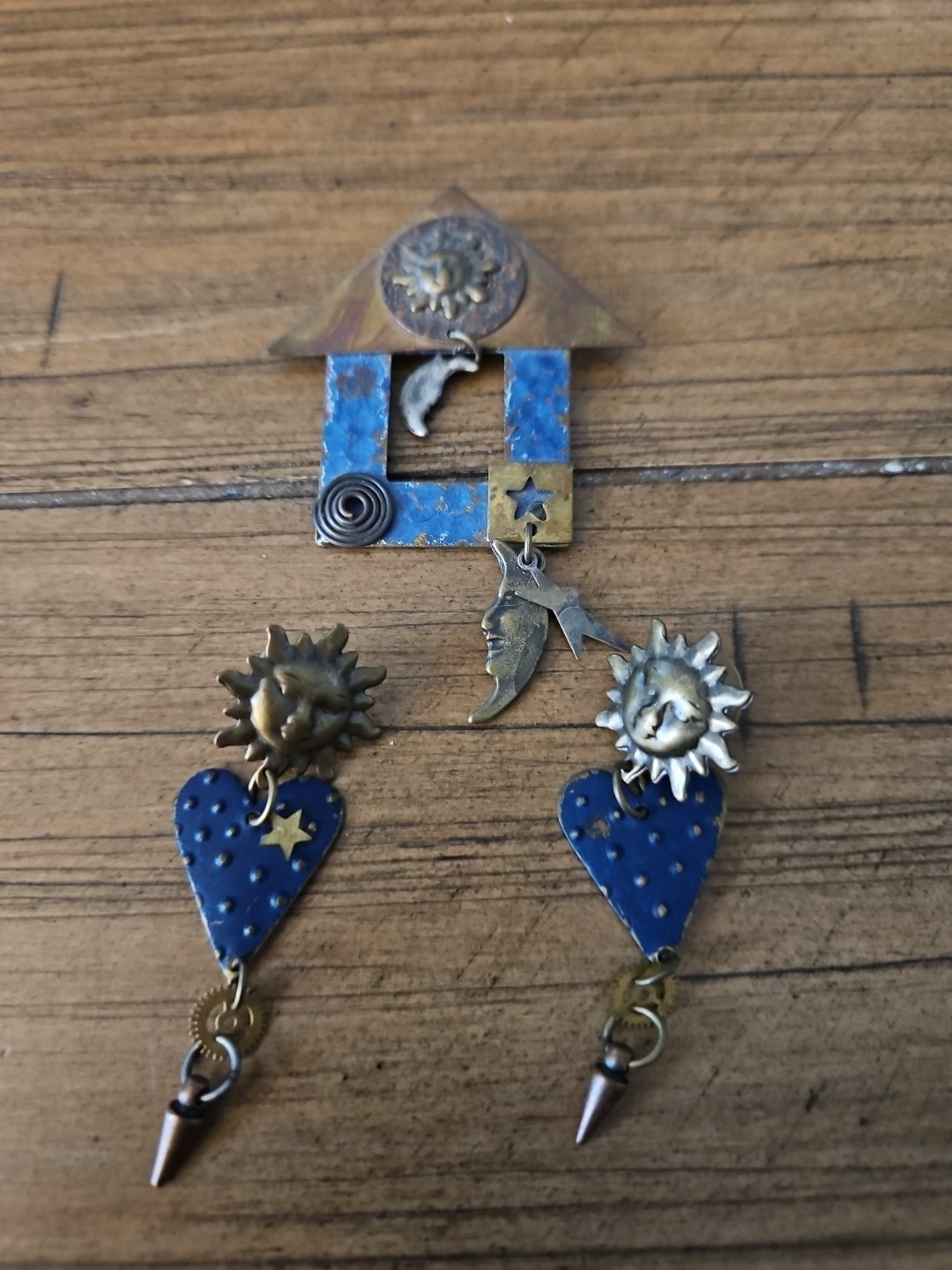 Blue Metal Suns Moon Hearts Dangle Earrings And Brooch Set Handmade Steampunk
