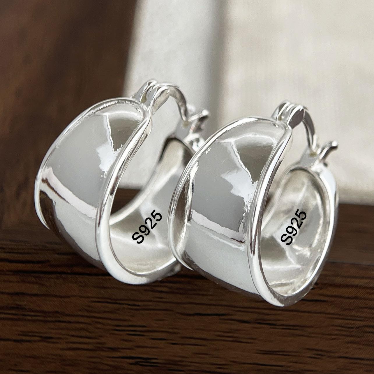 925 Sterling Silver Wide Hoop Earrings For Women Trendy Huggie Jewelry Party