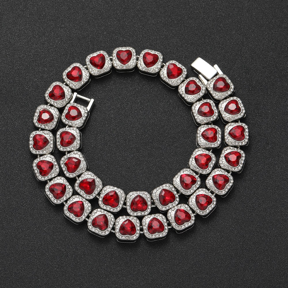 Red Heart Halo Tennis Chain Stainless Steel zirconia stone unisex Love Necklace