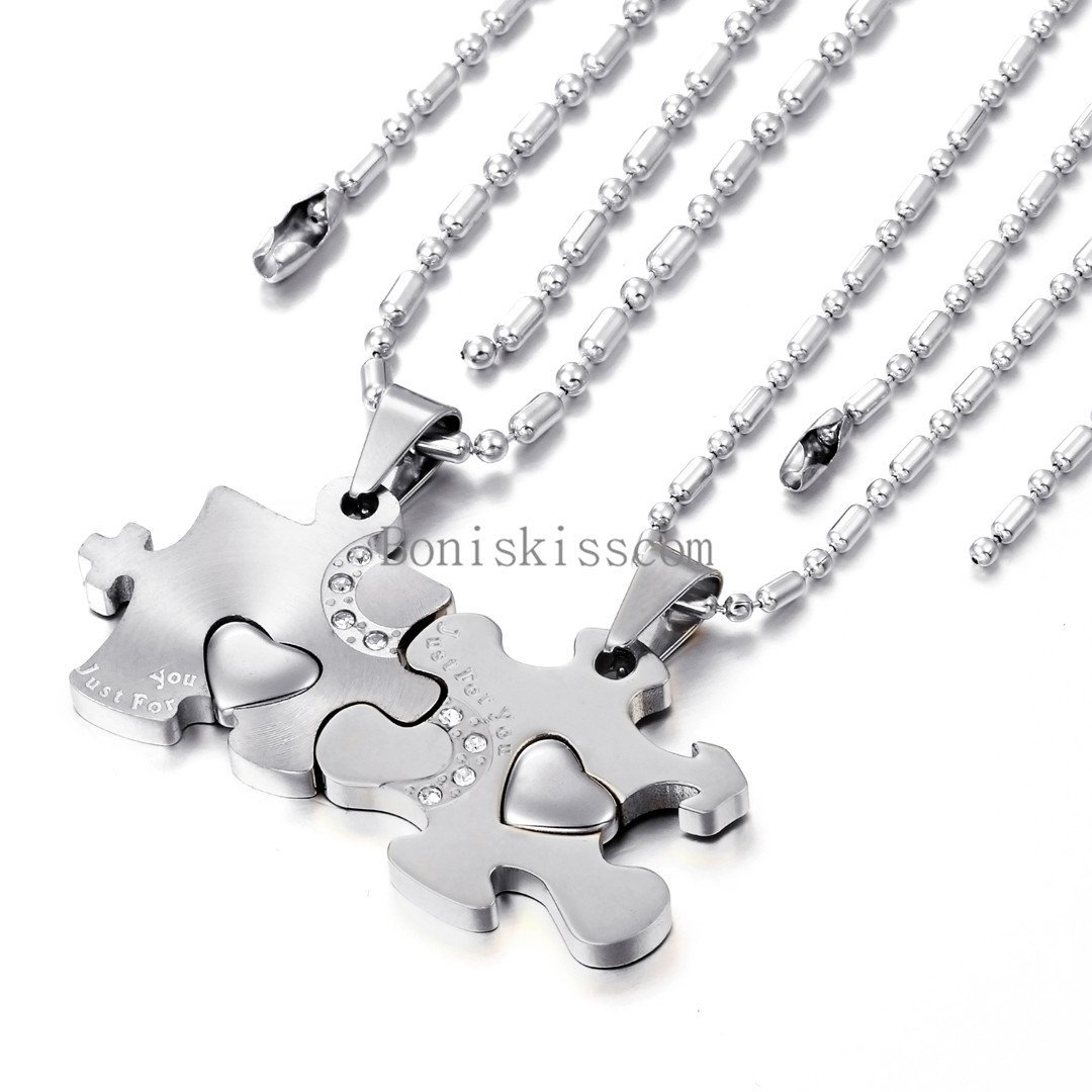 His and Hers Stainless Steel Love Heart Puzzle Pendant Couple Necklaces 1 Pair