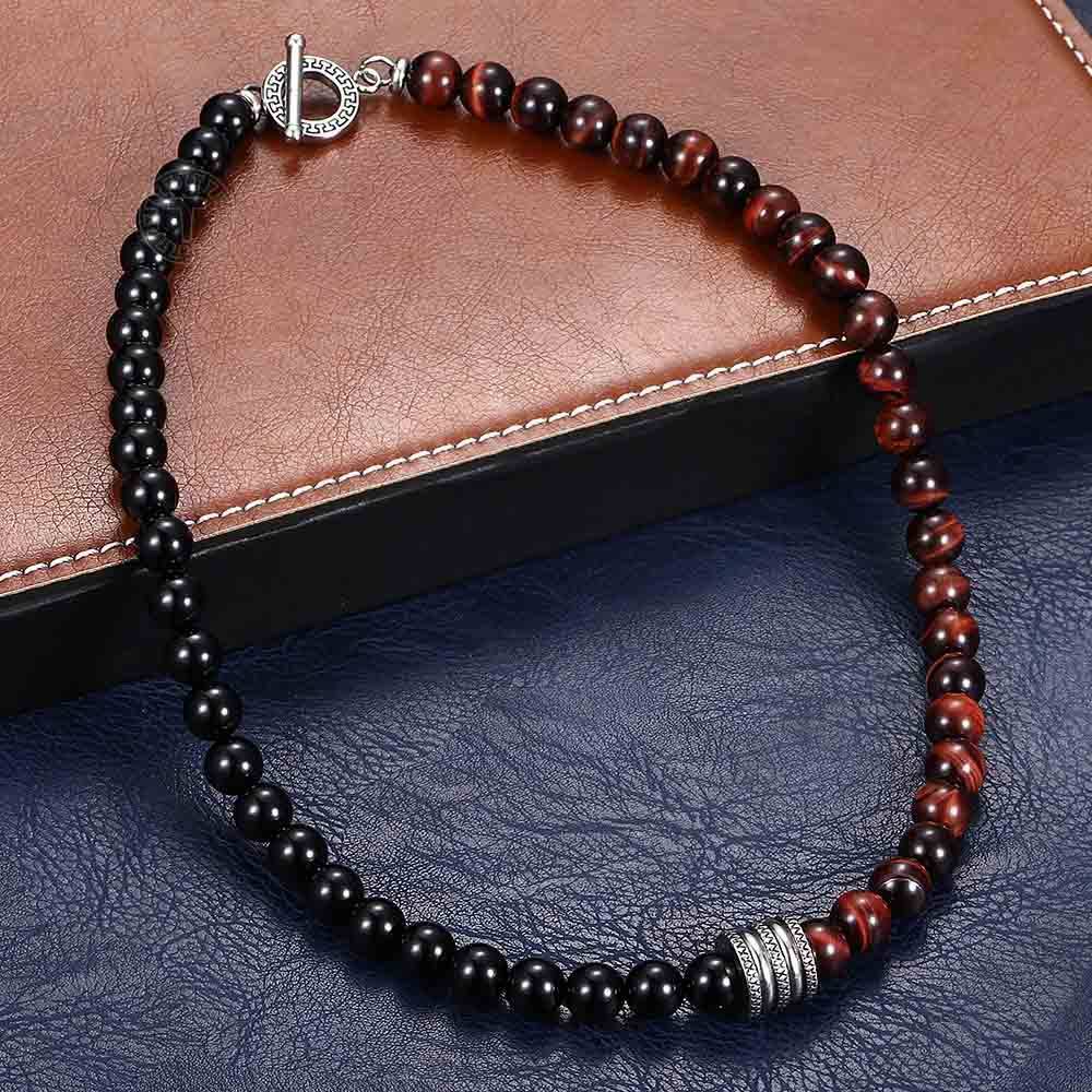 Men Women Natural Red Tigers Eye Matte Black Bead Necklace Choker Toggle Clasp