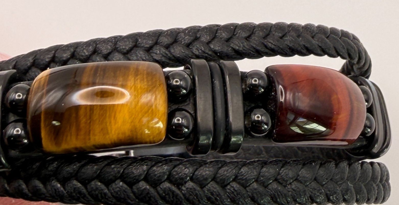 Black Braided Leather Bracelet Tiger Eye Stone Casual Earthy Boho 7 Inch