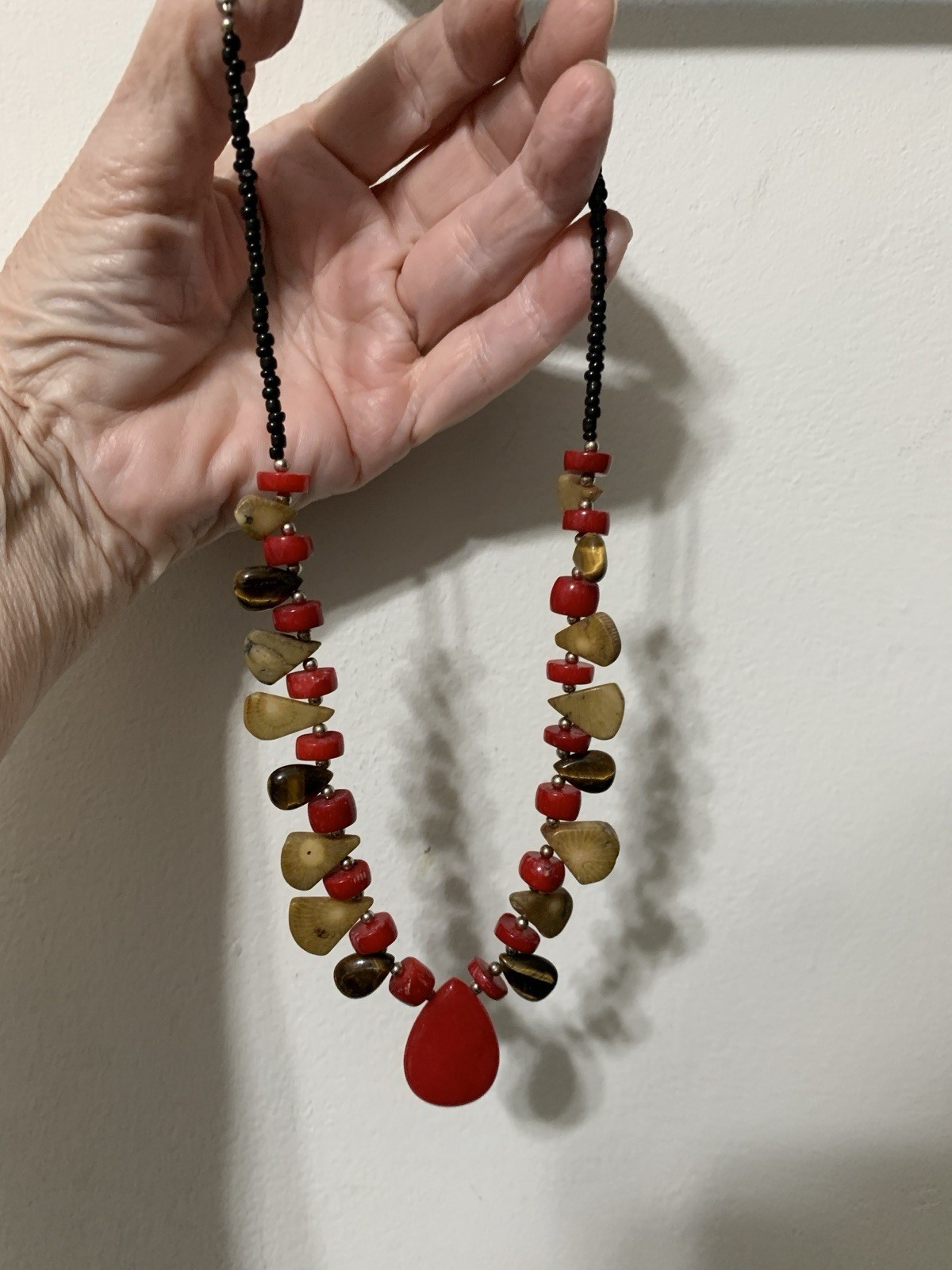 Red And Gold Beaded Statement Necklace,in Silver Tone,withRed Hang,Tear Drop.18”