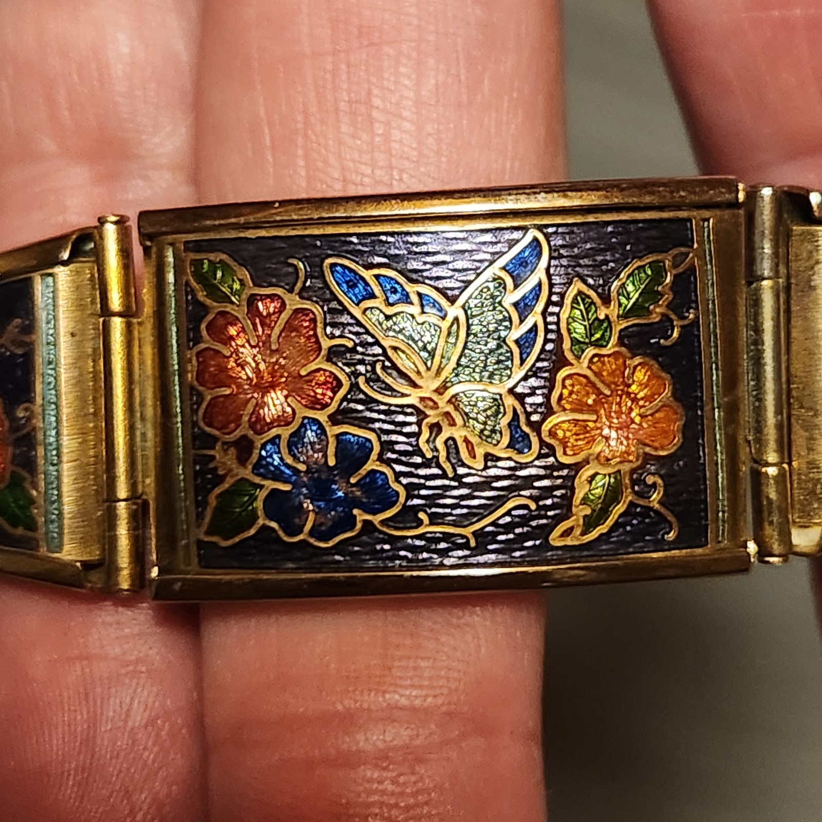 Vintage Chinese Cloisonne Enamel Panel Link Bracelet Butterfly Floral Purple