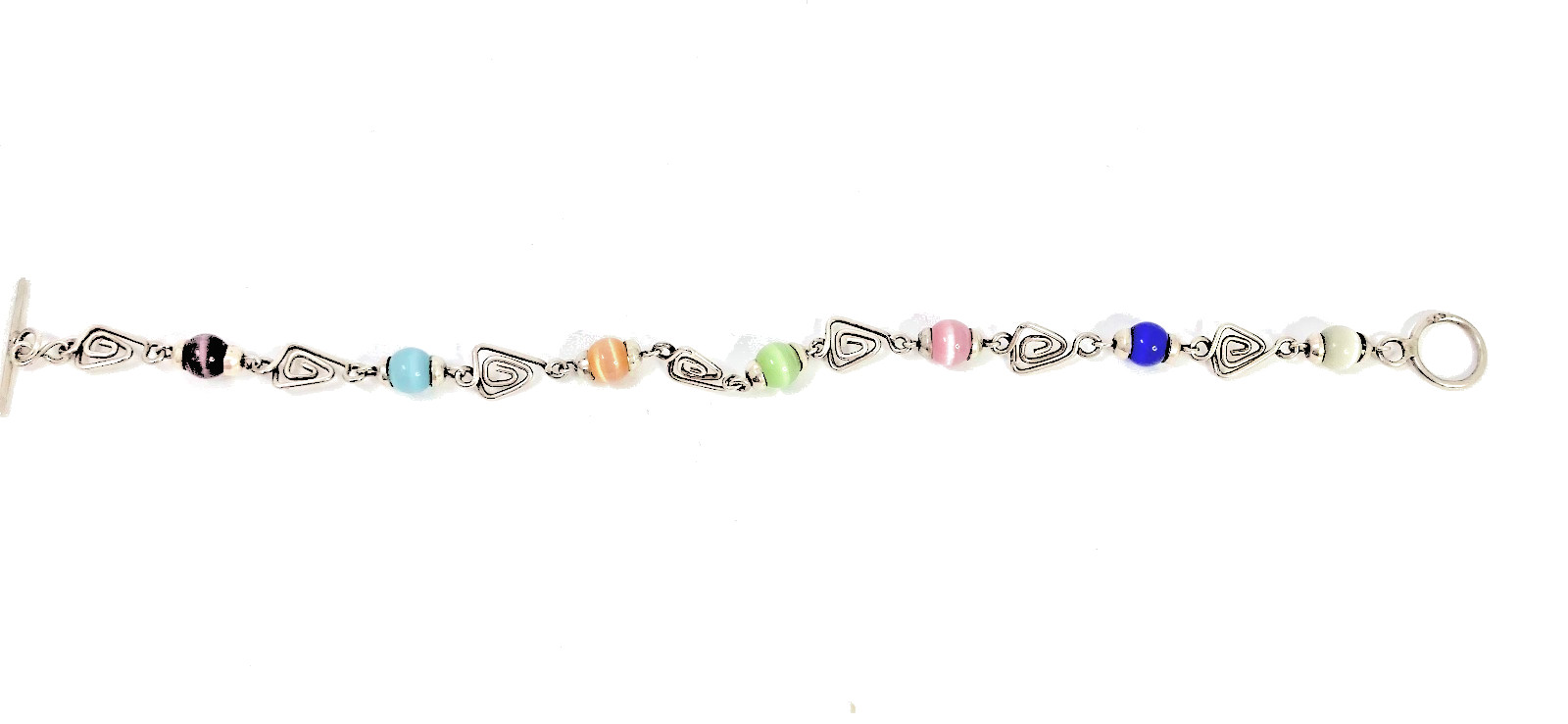 925 Silver & Multicolored Cat’s Eye Glass Triangle Link Chain Bracelet 8 in long