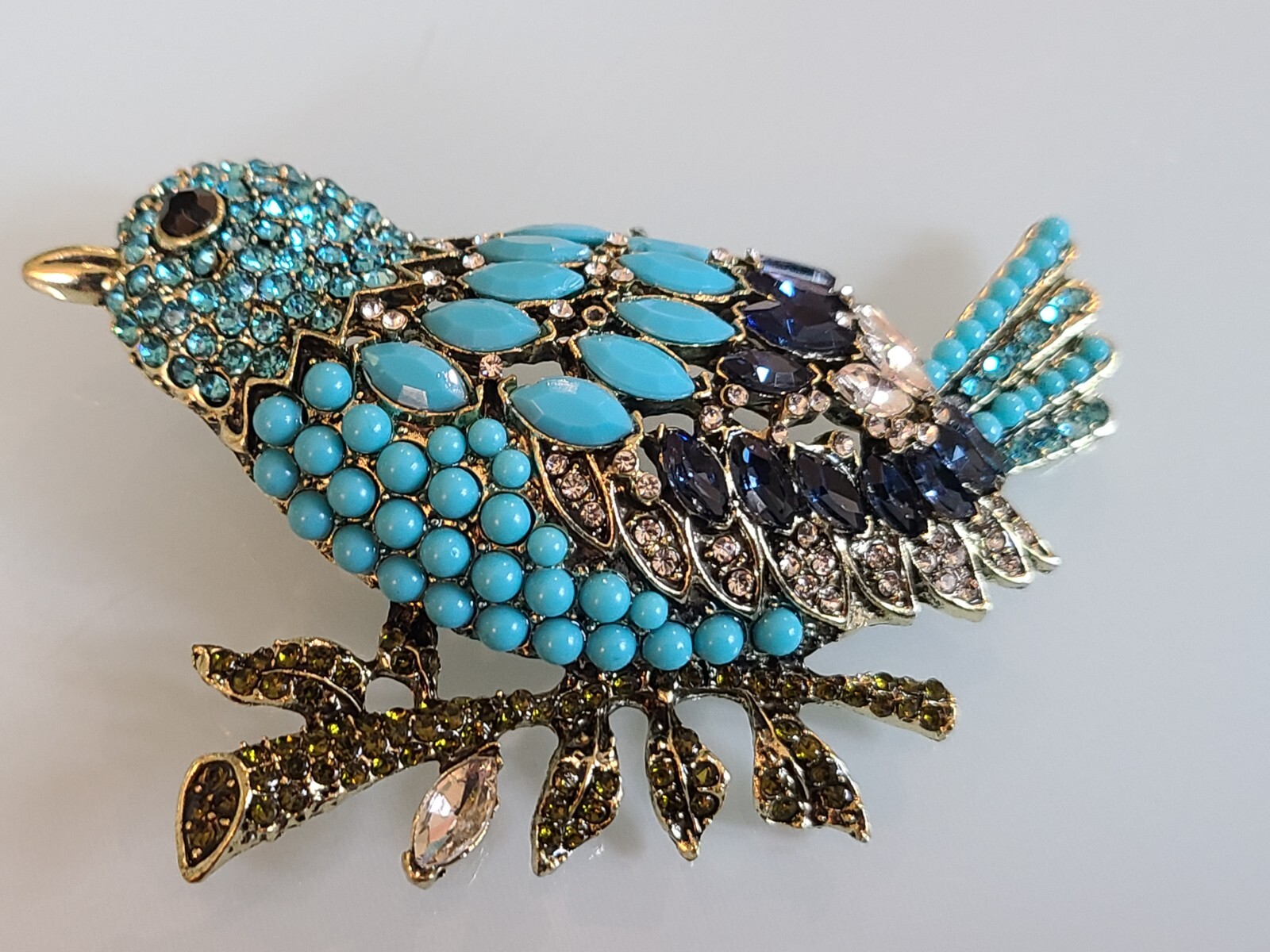 FAB HUGE 3.75″ New UNSIGNED I DESIGNER MARQUISE RHINESTONE BLUE BIRD PIN
