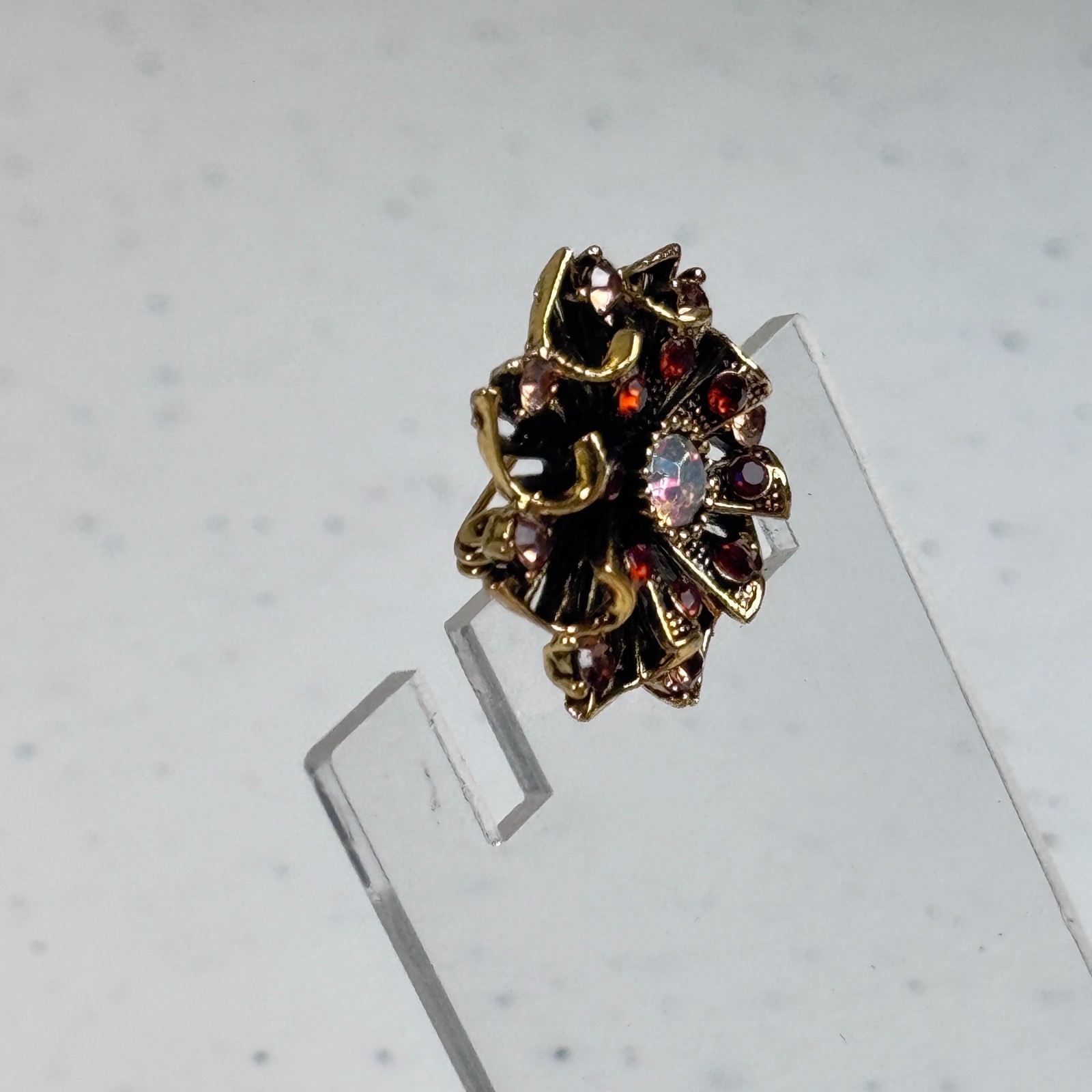 Brooch Red Rhinestone Aurora Borealis Floral Gold Tone Layered Flower 1576-6