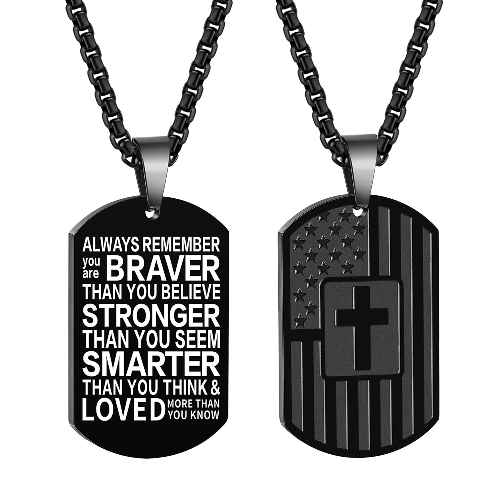 Men Boys American Flag Bible Verse Pendant Dog Tag Cross Inspirational Necklace