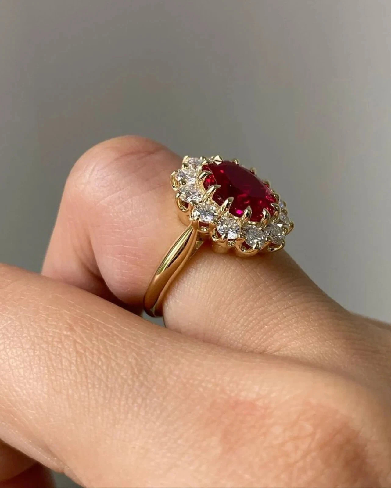 2.50Ct Oval Cut Simulated Red Ruby Halo Engagement Ring 14K Yellow Gold Plated