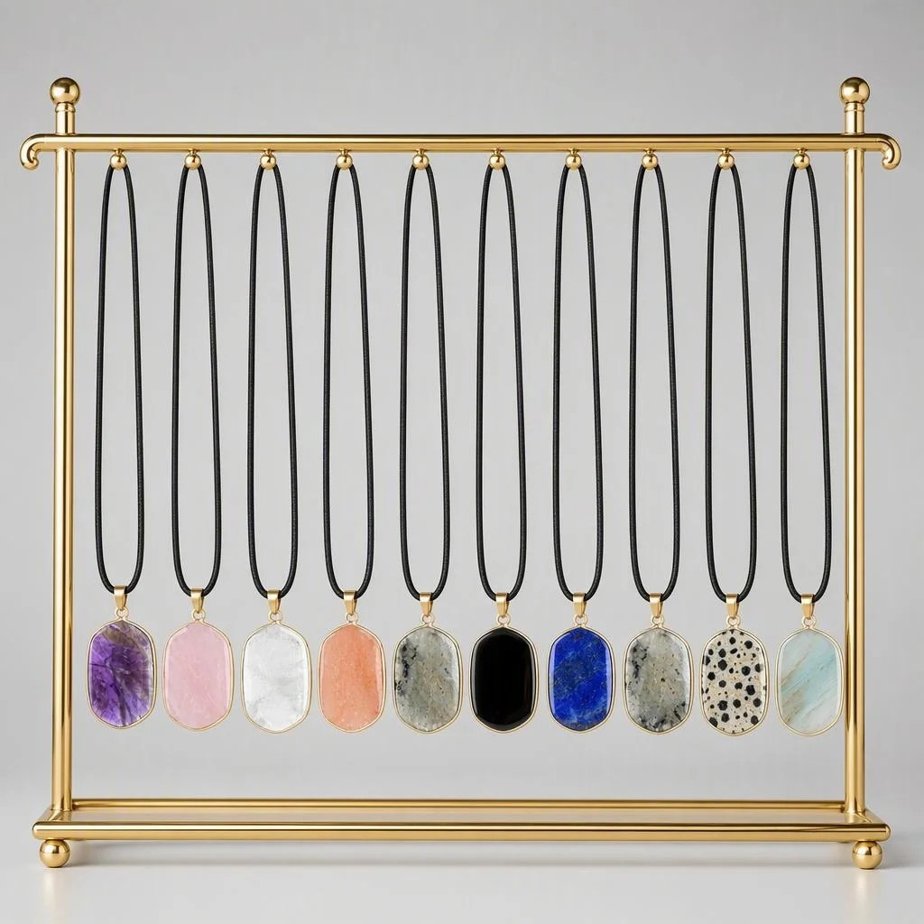 6PCS Healing Chakra Gemstone Pendant Necklace Black Cord Gold Charms Choker