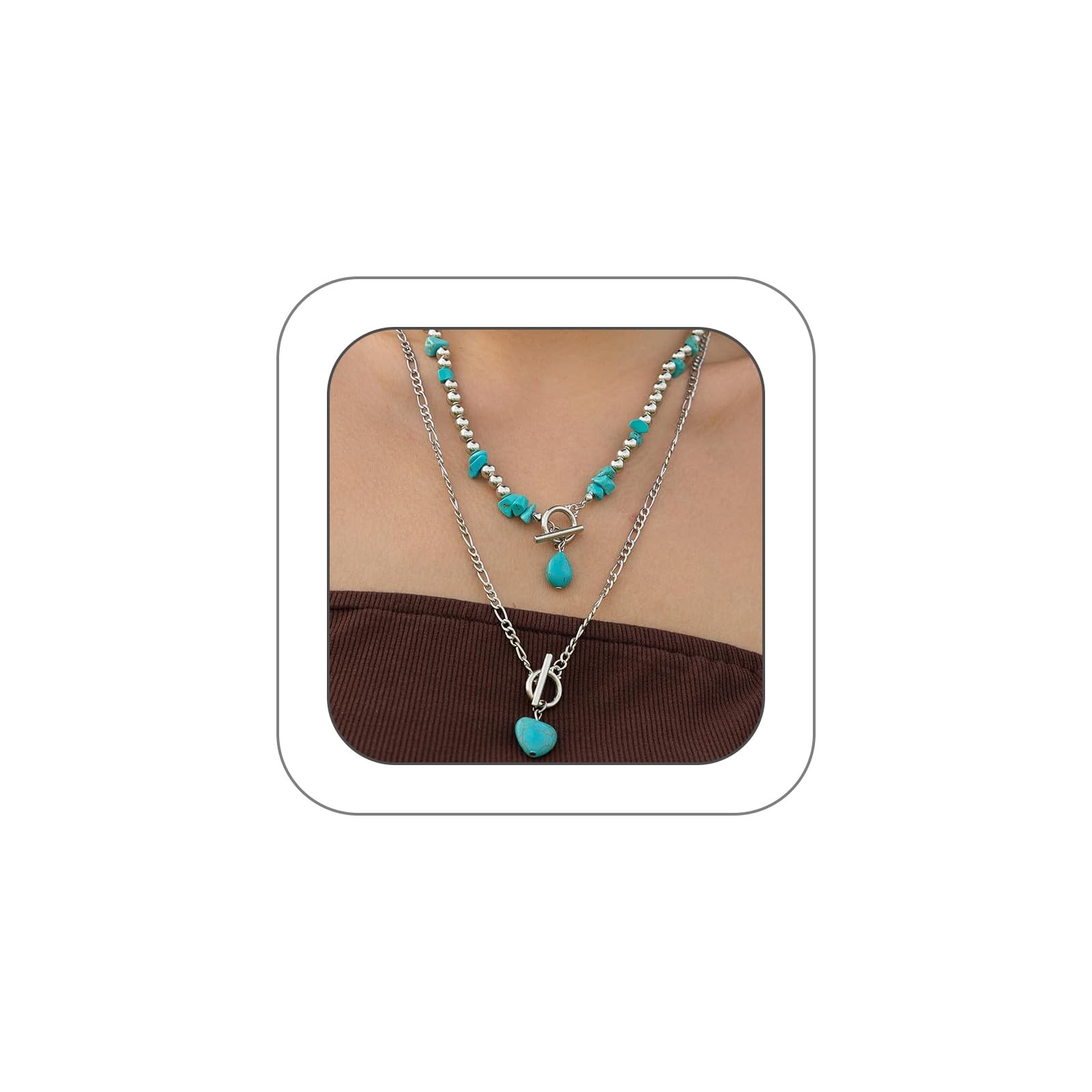 Turquoise Western Pendant Necklace for Layered Gold Heart OT Clasp Beaded Nec…