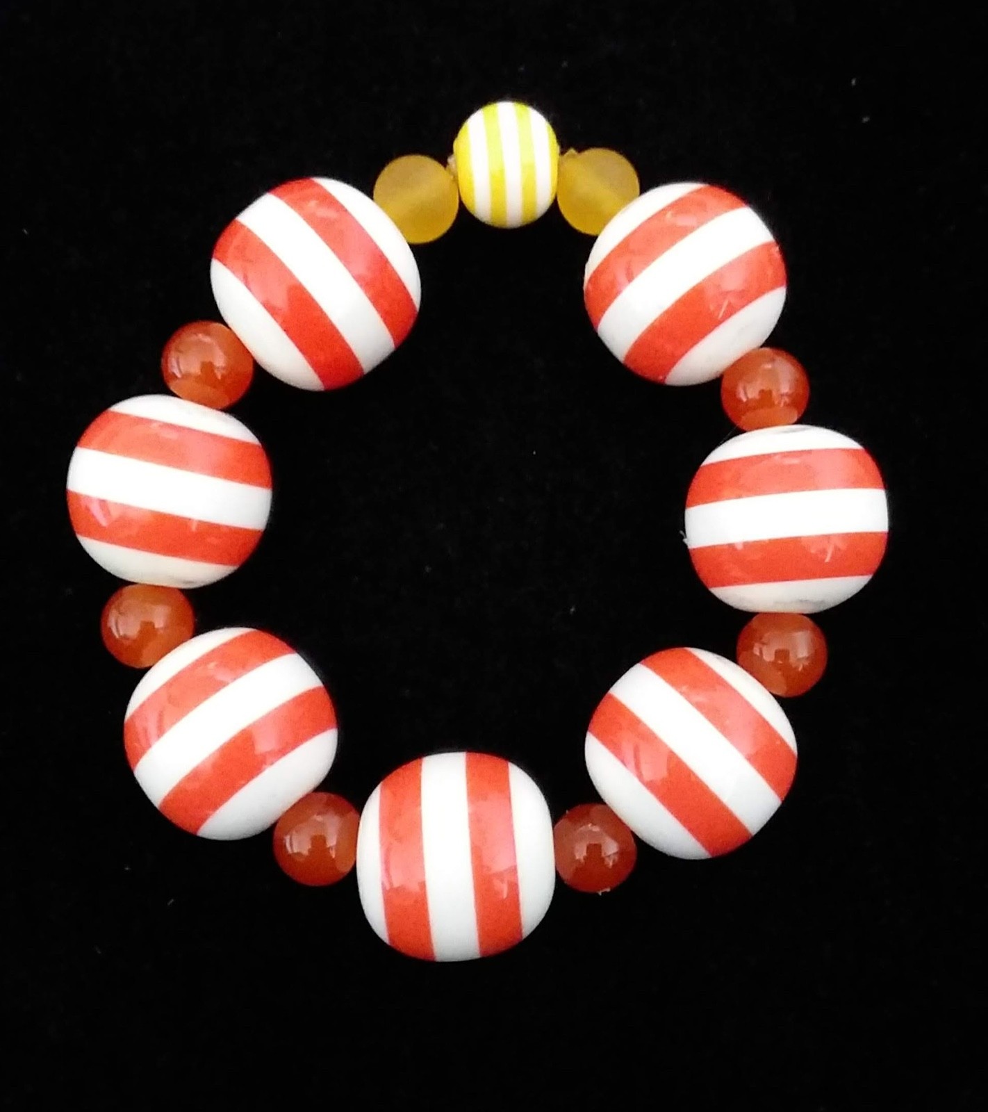 Orange and White Striped Acrylic & Glass Ball Stretch Bracelet
