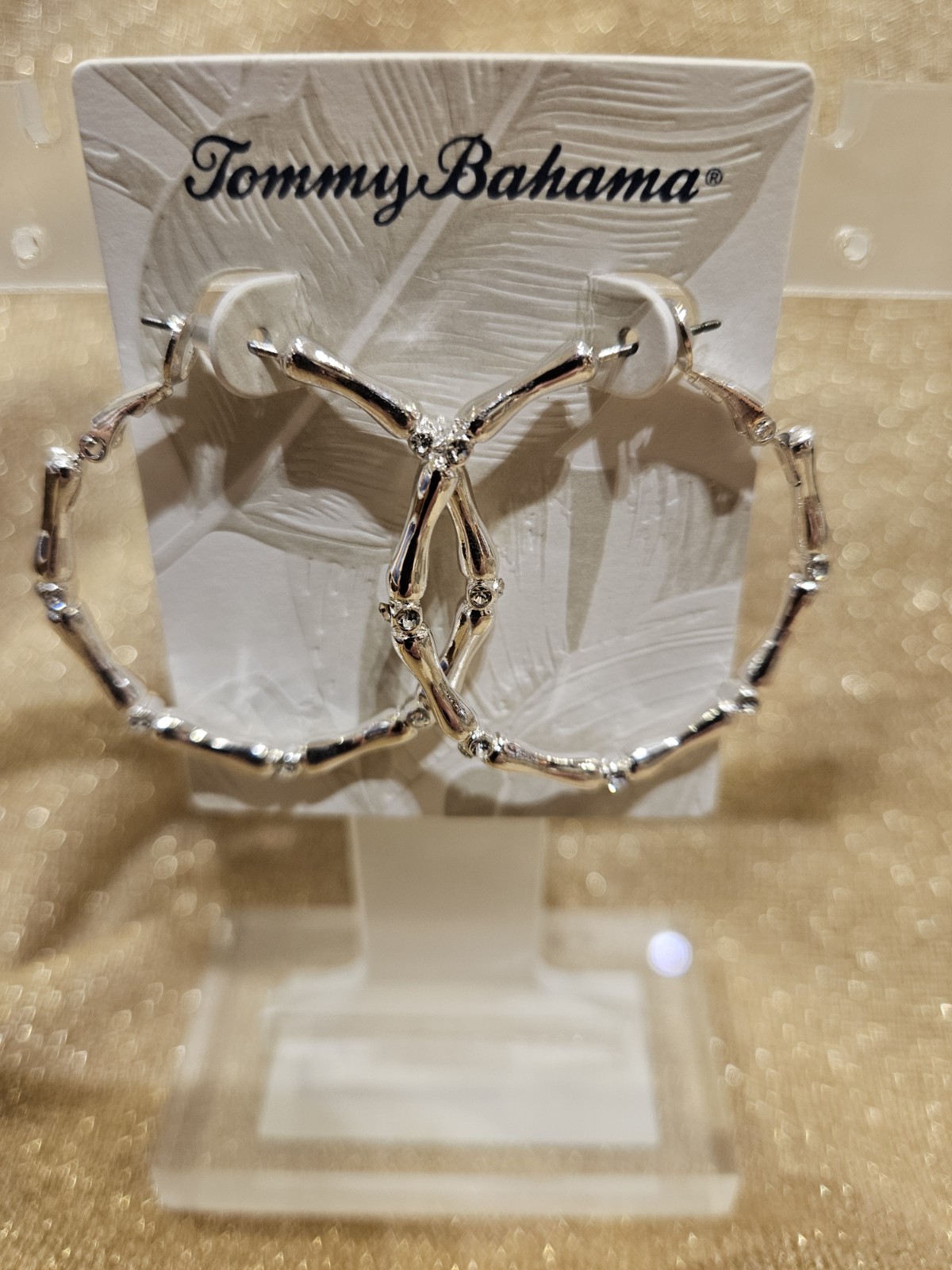 Tommy Bahama Bamboo Silver Crystal Hoop Earrings NWT