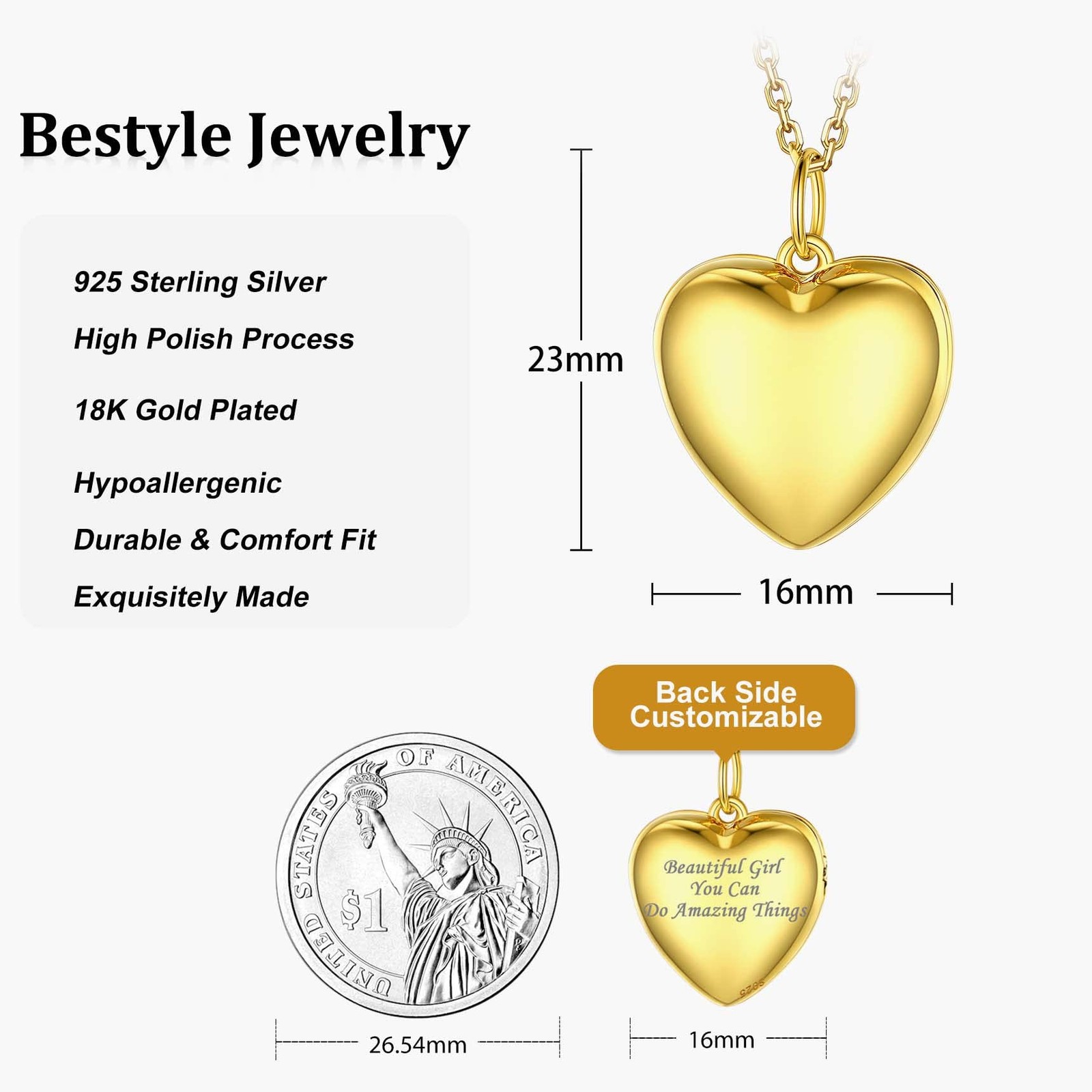 High Polish Silver Gold Heart Locket Necklaces for Women, Minimalist 18K Gold…