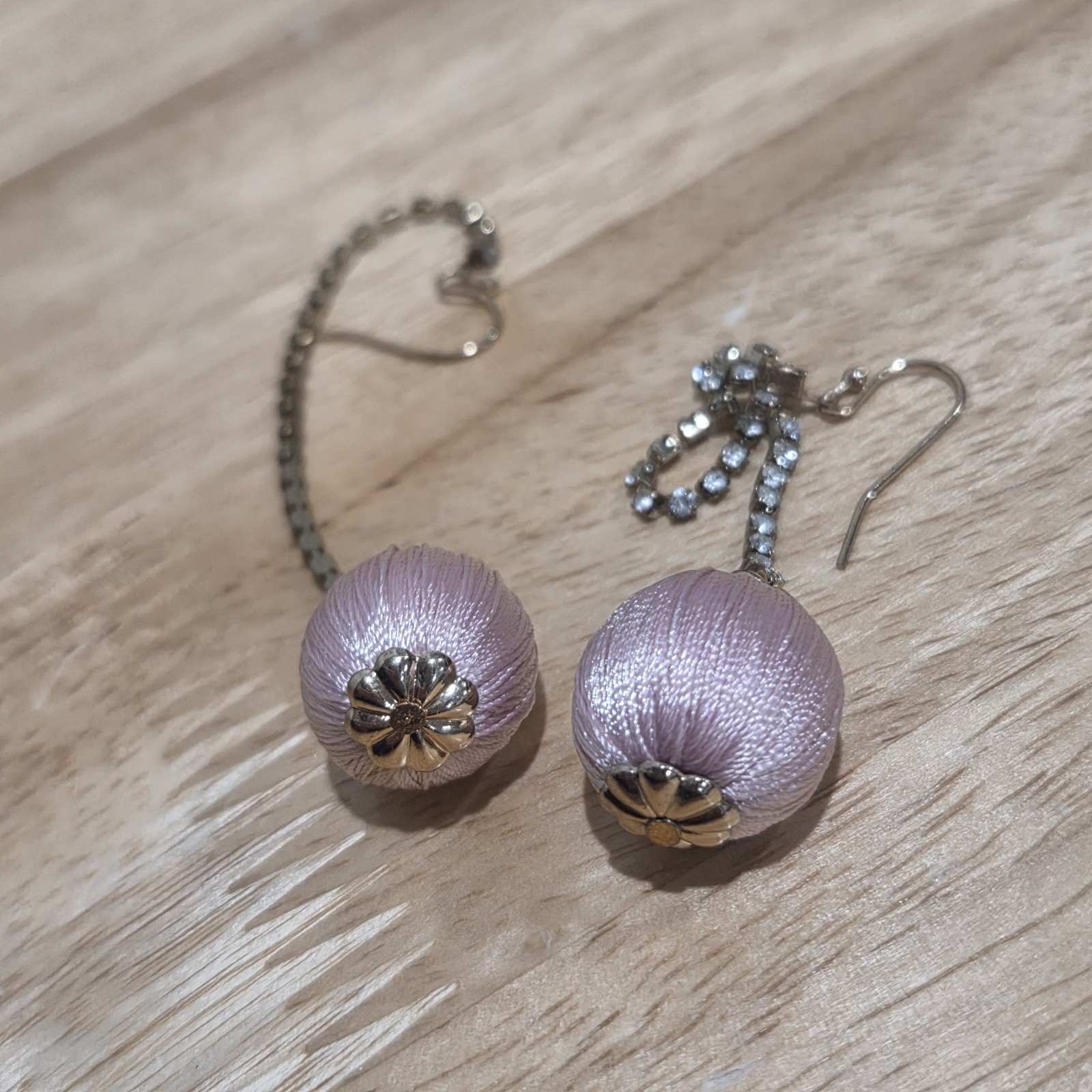Pink & Silver Thread Round Bead Rhinestone Chain Dangle Hook Earrings 5 in