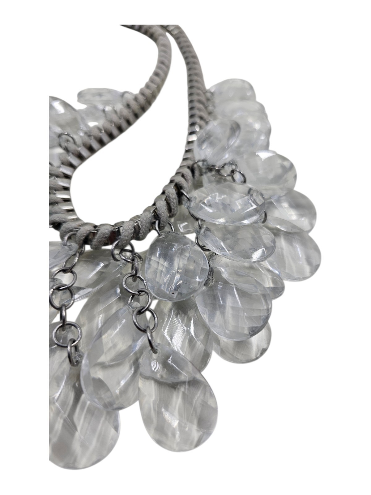 Clear Acrylic Teardrop Necklace Multi Strand Faceted Statement Bib Silver Tone