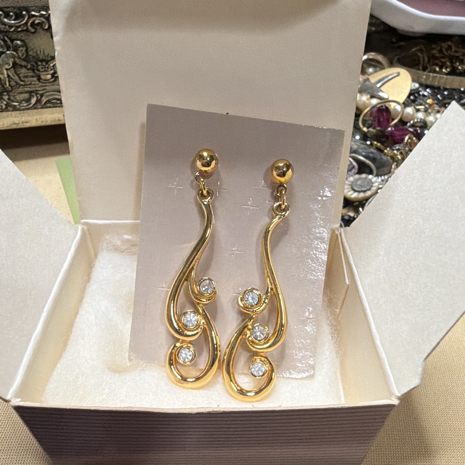 Avon Drop Earrings Gold Tone Crystal, Surgical Steel Post