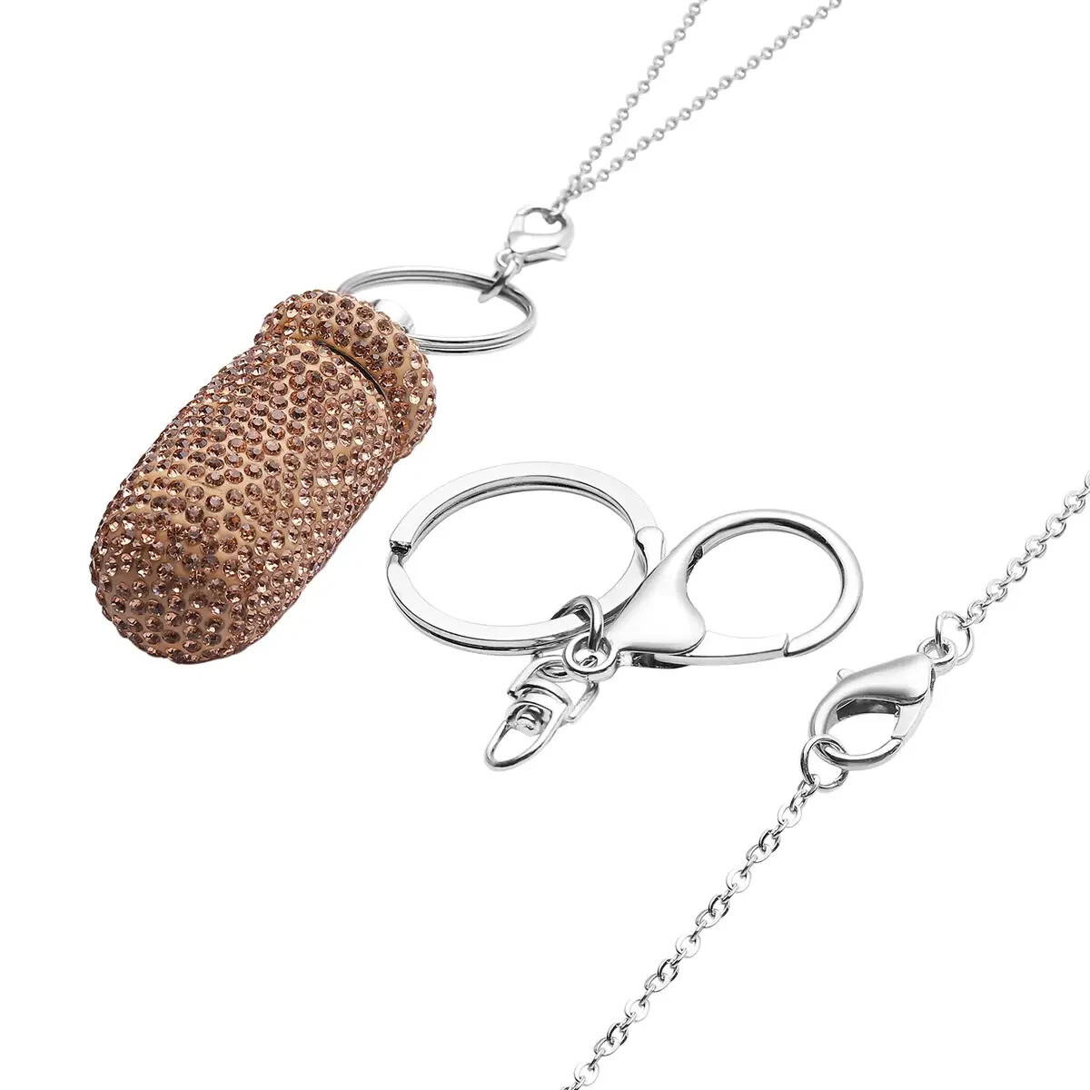 Champagne Austrian Crystal Pill Case Pendant and Keychain in Stainless 23.5″