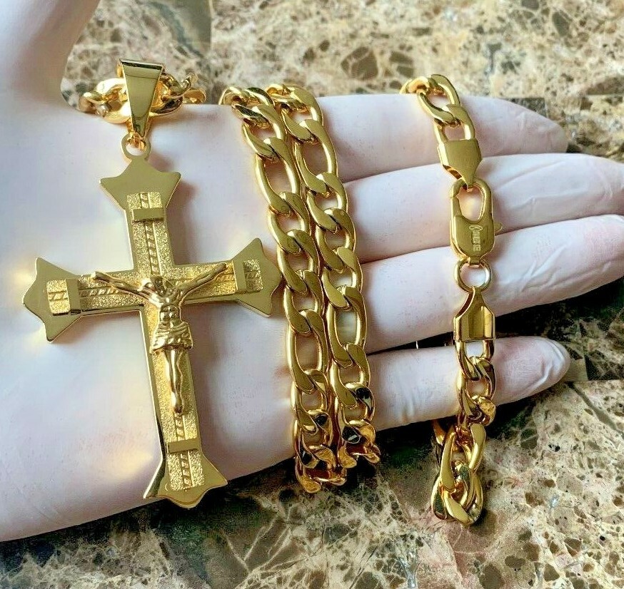 18-40″ Men Stainless Steel 8mm Gold Figaro chain Necklace CROSS Pendant Bracelet