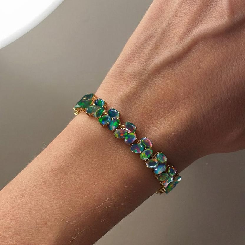Fire Black Opal Gemstone Floral Tennis Bracelet, Natural Fire Opal Gemstone 925