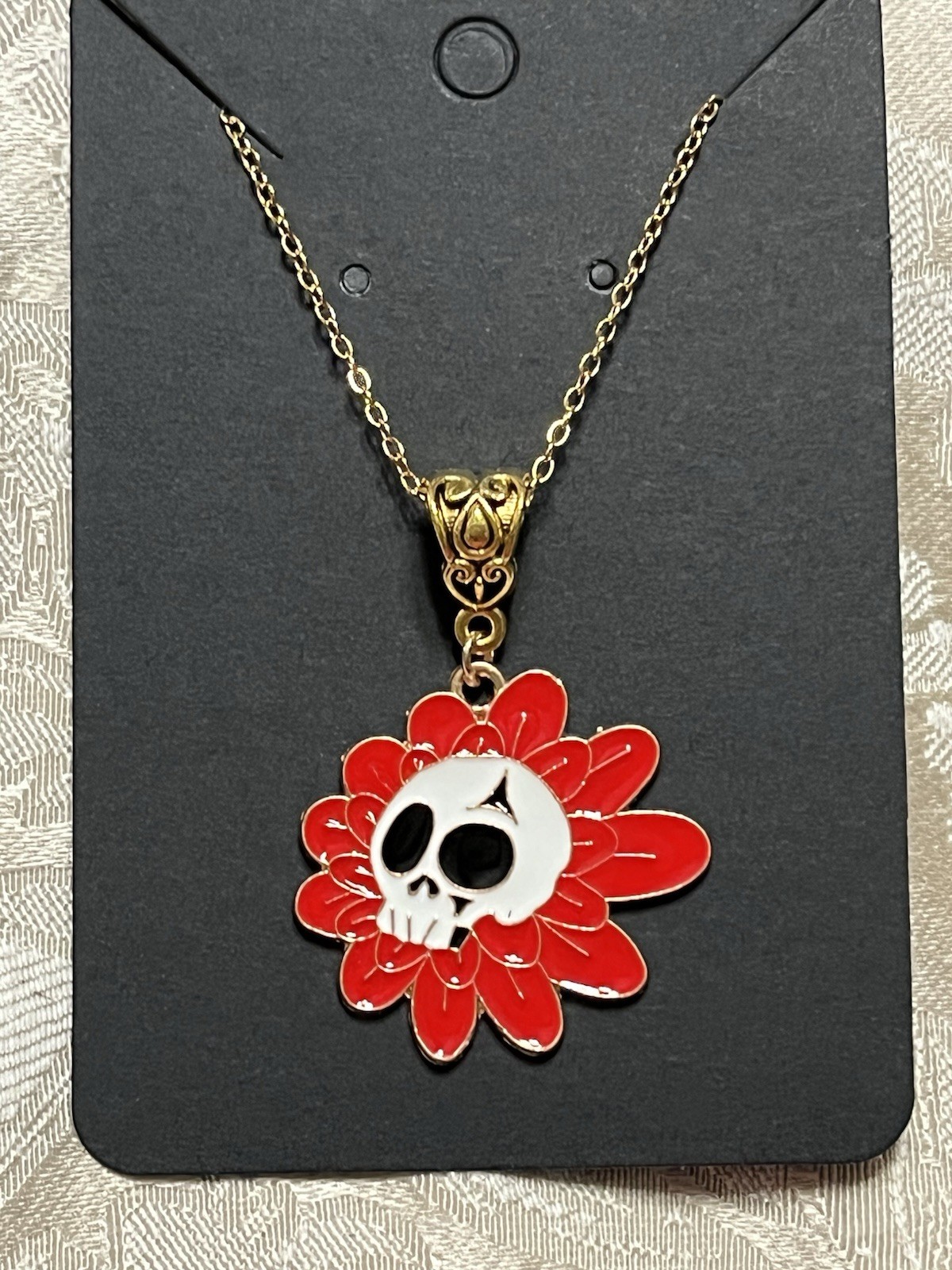 Gothic Bohemian Floral Skeleton Halloween Charm Gold Dangle Fun Necklace 18”
