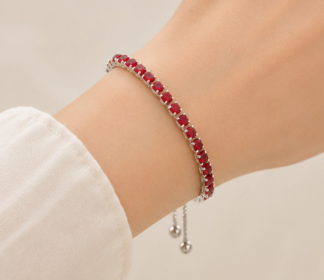 7.7ct Round Cut Simulated Ruby Anniversary Bolo Bracelet 14K White Gold Plated