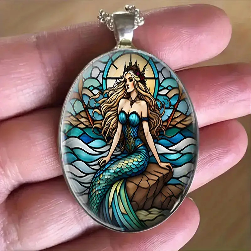 Mermaid Oval Jewelry Vintage Silvery Gothic Fantasy Pendant Necklace B