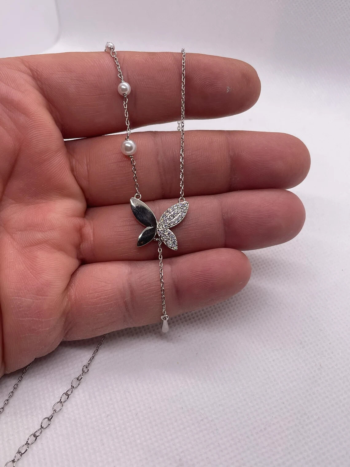 Butterfly necklace with white pearls & lab created diamonds 925 sterling silver