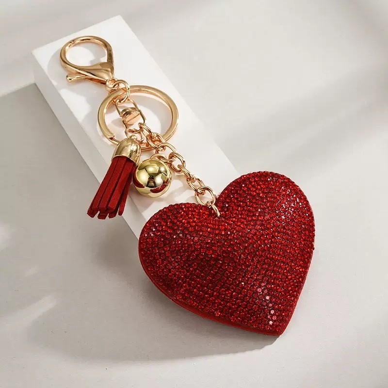 Love Heart Red Crystal Key Chain Keyring Handbag Charm Tassel Gold Bag Ring