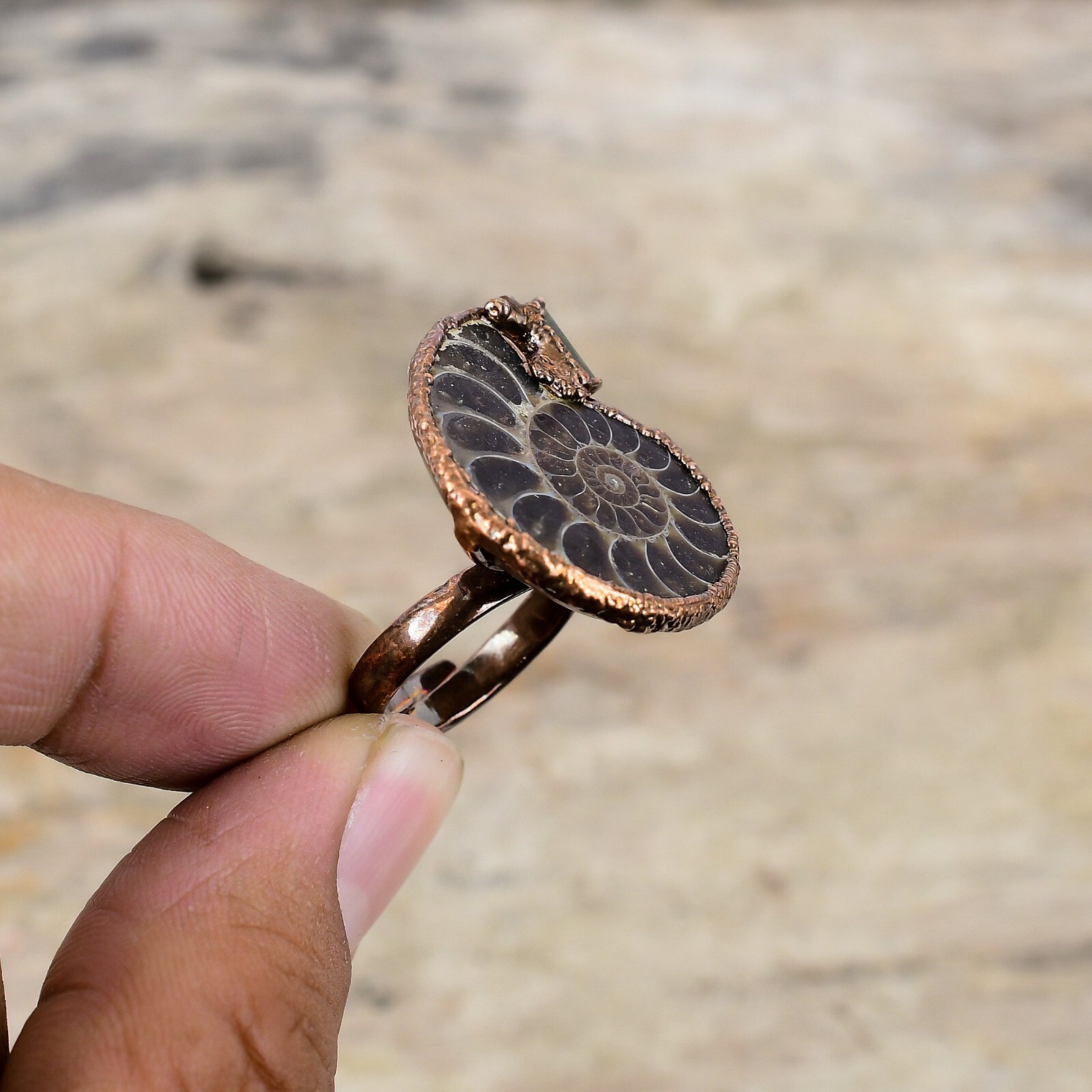 Ammonite Fossil Copper Electroformed Solitaire Adjustable Ring Size Adjustable