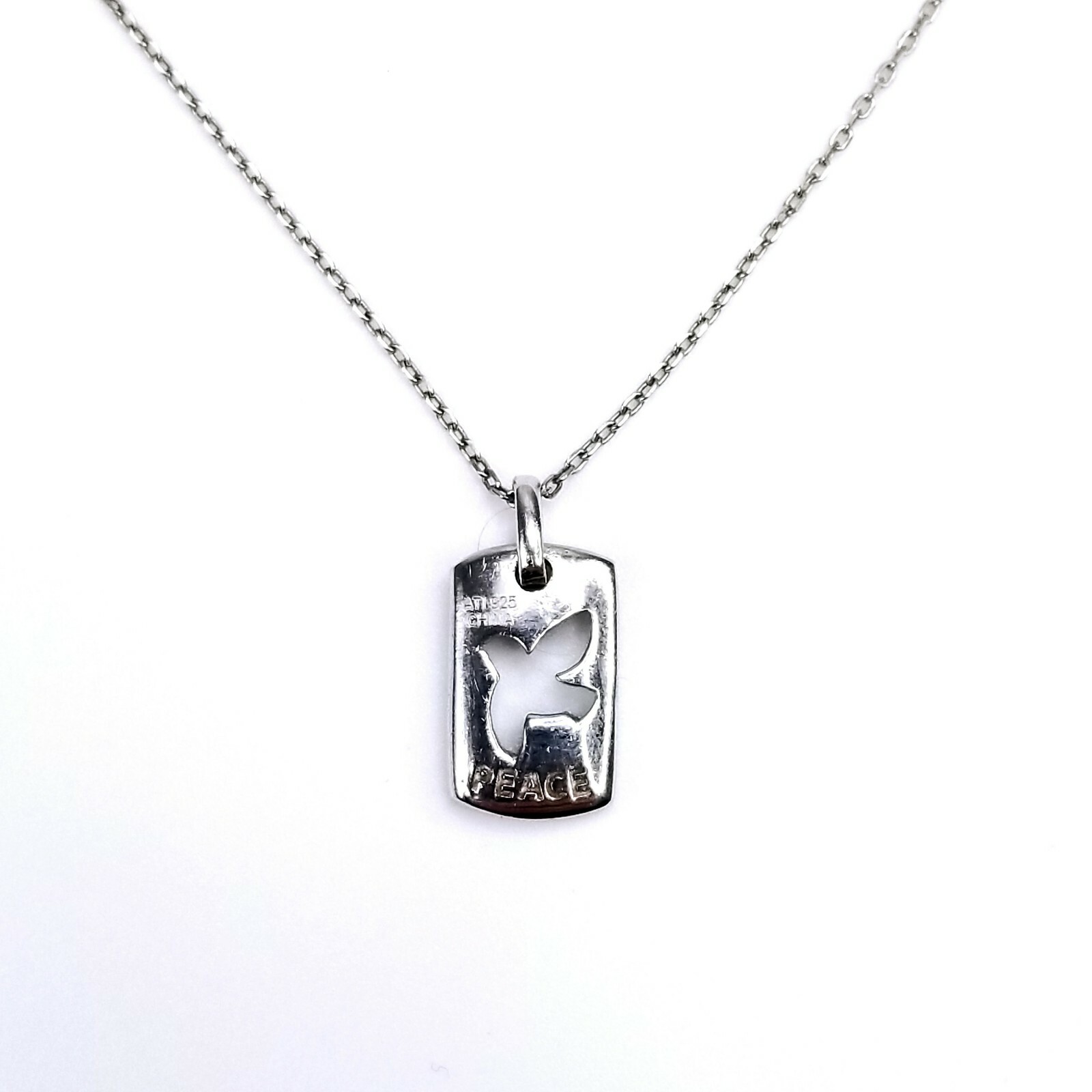 ATI Signed 925 Sterling Silver Necklace PEACE Bird Pendant Clear Rhinestone
