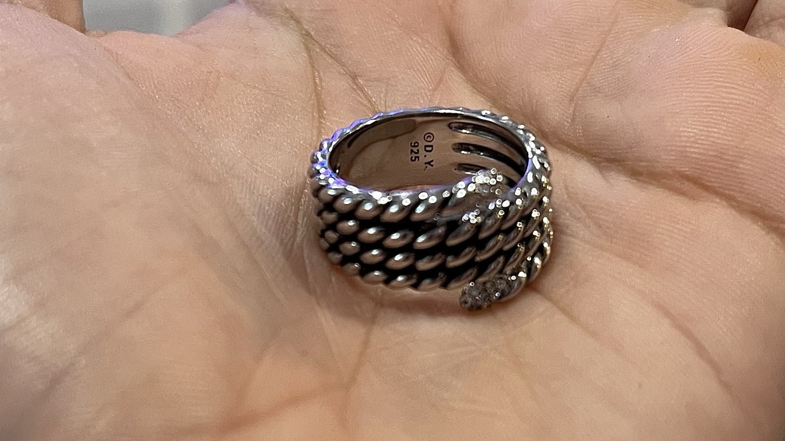 David Yurman Willow Serpent Serpentine Silver Diamond Rope Ring Sz 7 G2U