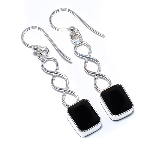 Black Onyx Gemstone 925 Silver Plated Spiral Earring 1.79″ T12