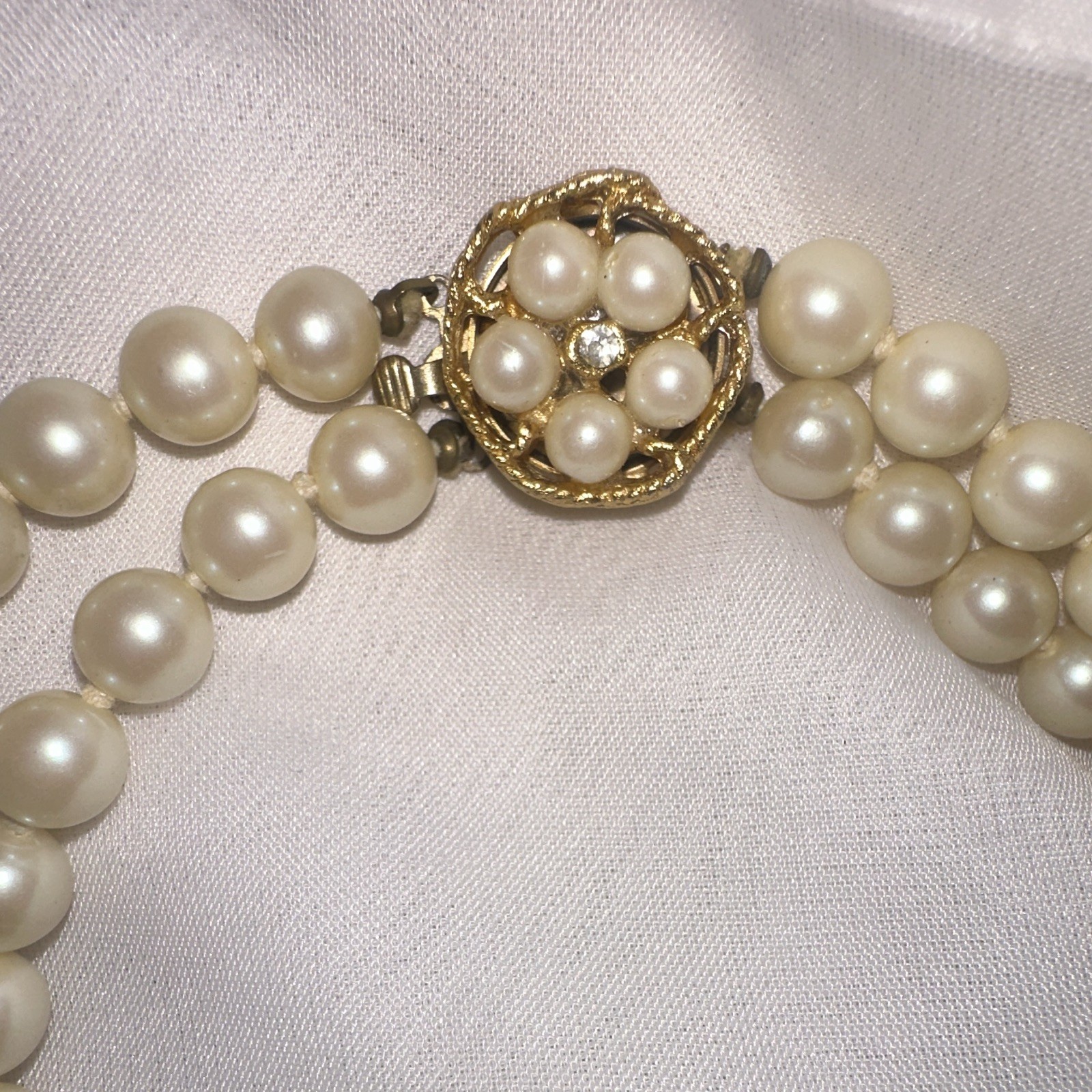 Double Strand Ivory Faux Pearl Beaded Necklace, Gold Tone, Box Clasp, Japan