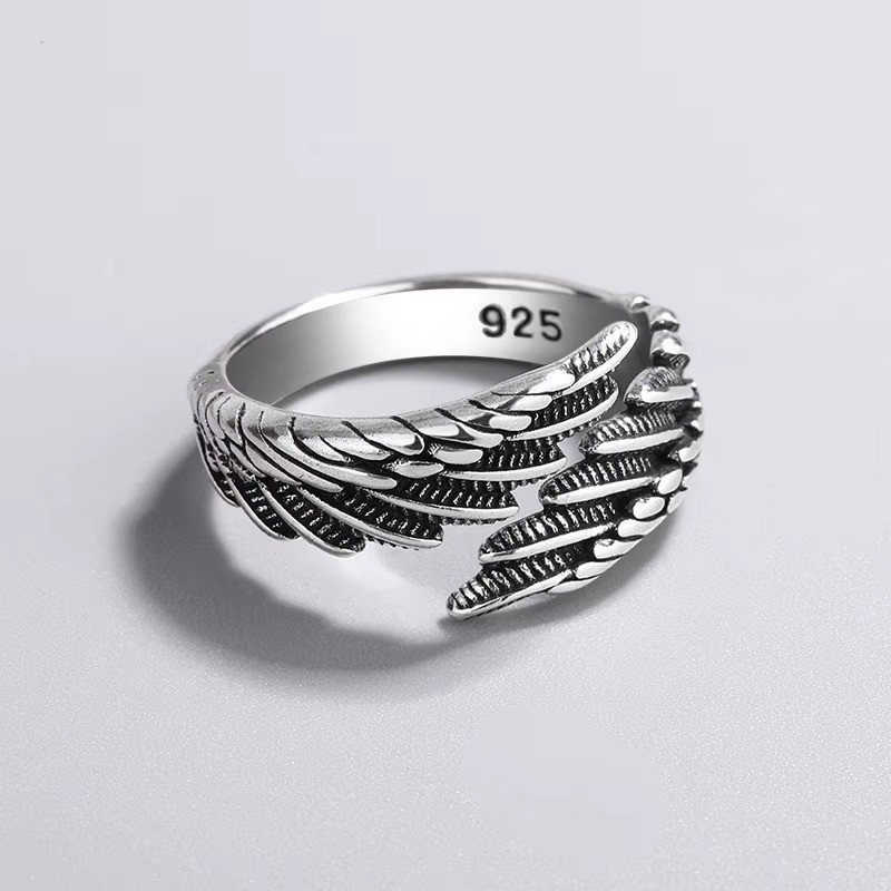 925 Sterling Silver Angel Wing Feather Ring Adjustable Women Wedding Jewelry