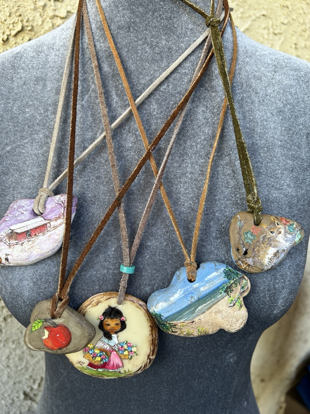 Lot of 5 Hand painted Piece Of Rock Necklaces W Leather Cord
