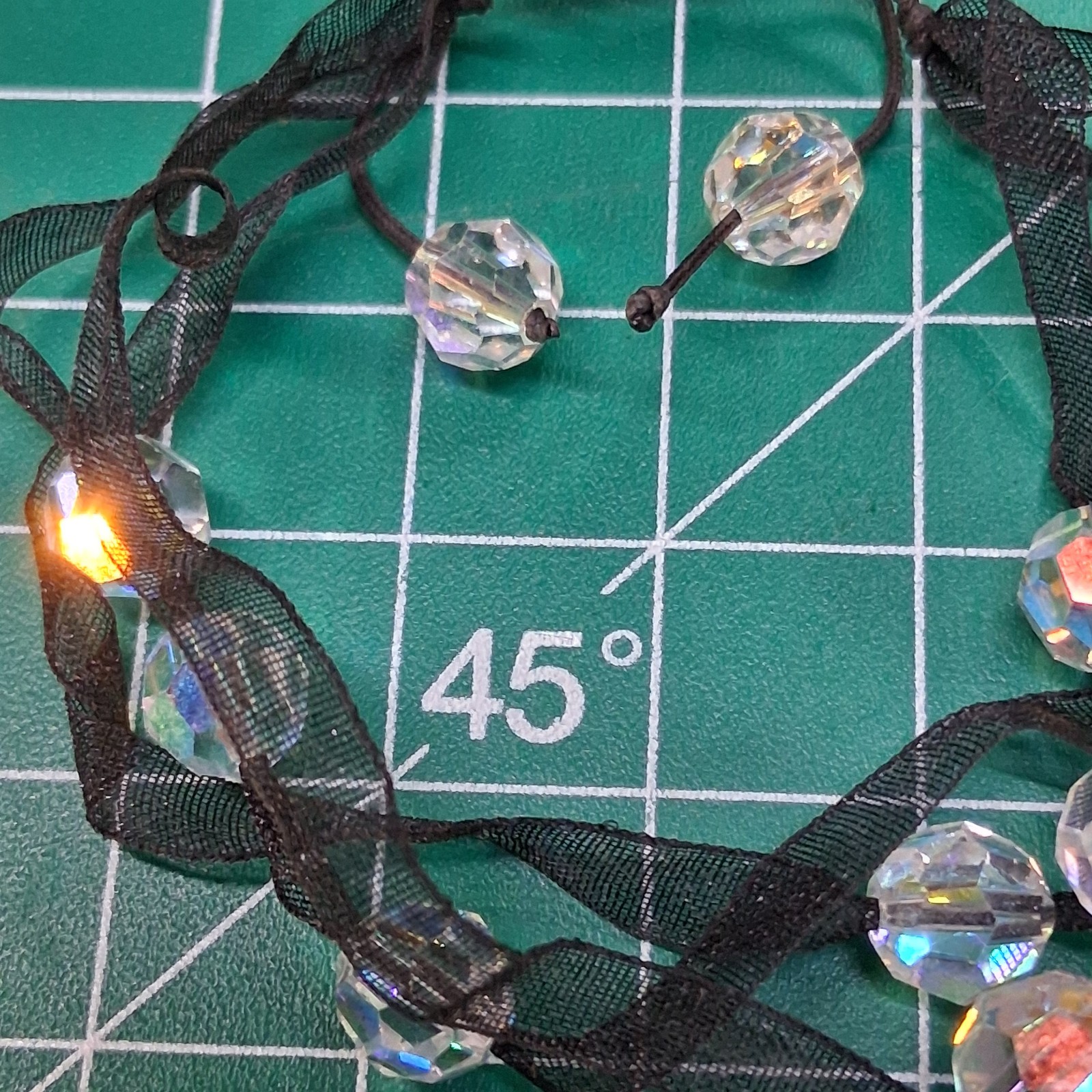 Vintage 3-Tier Clear Faceted AB Rhinestone Bead Black Sheer Ribbon Bracelet
