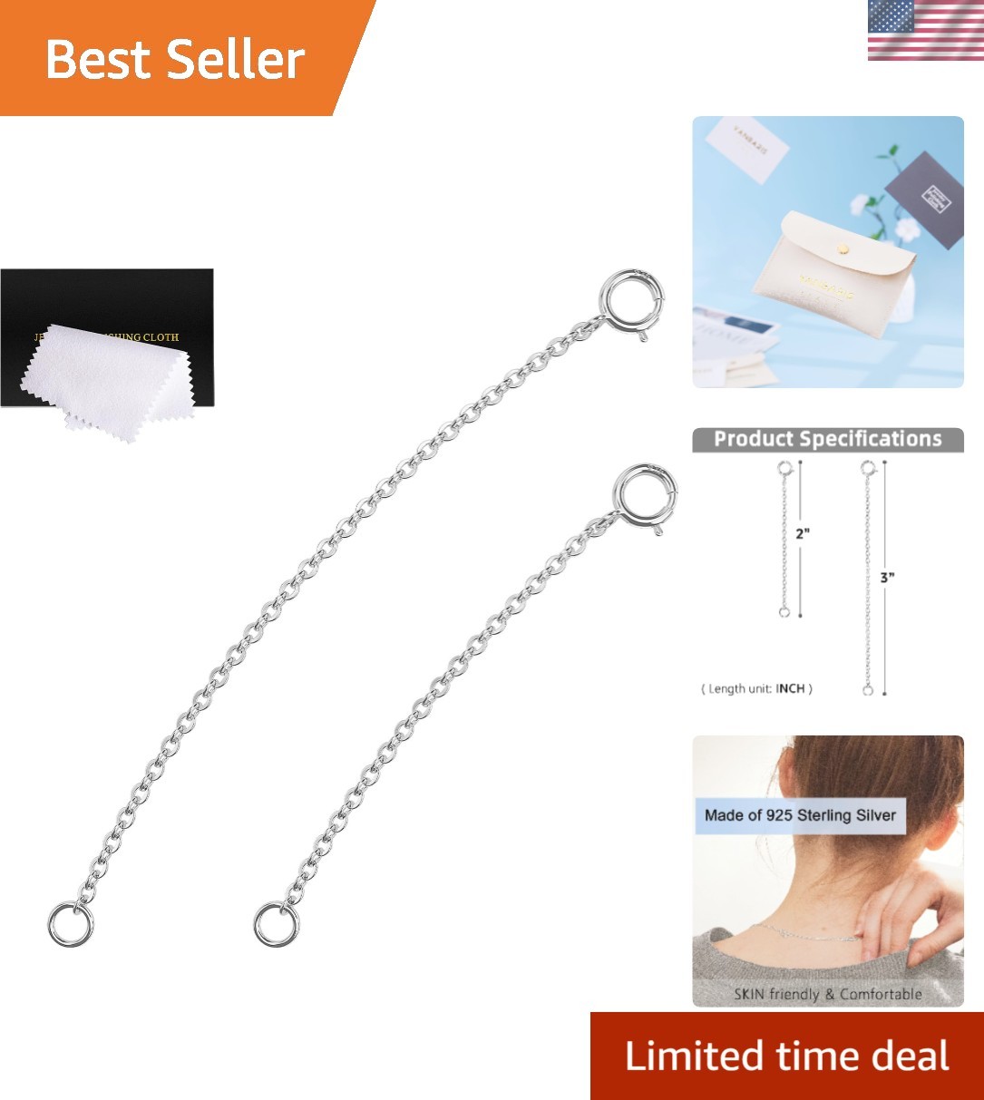 Silver Necklace Extenders for Women, 925 Sterling Silver Necklace Extender Ch…