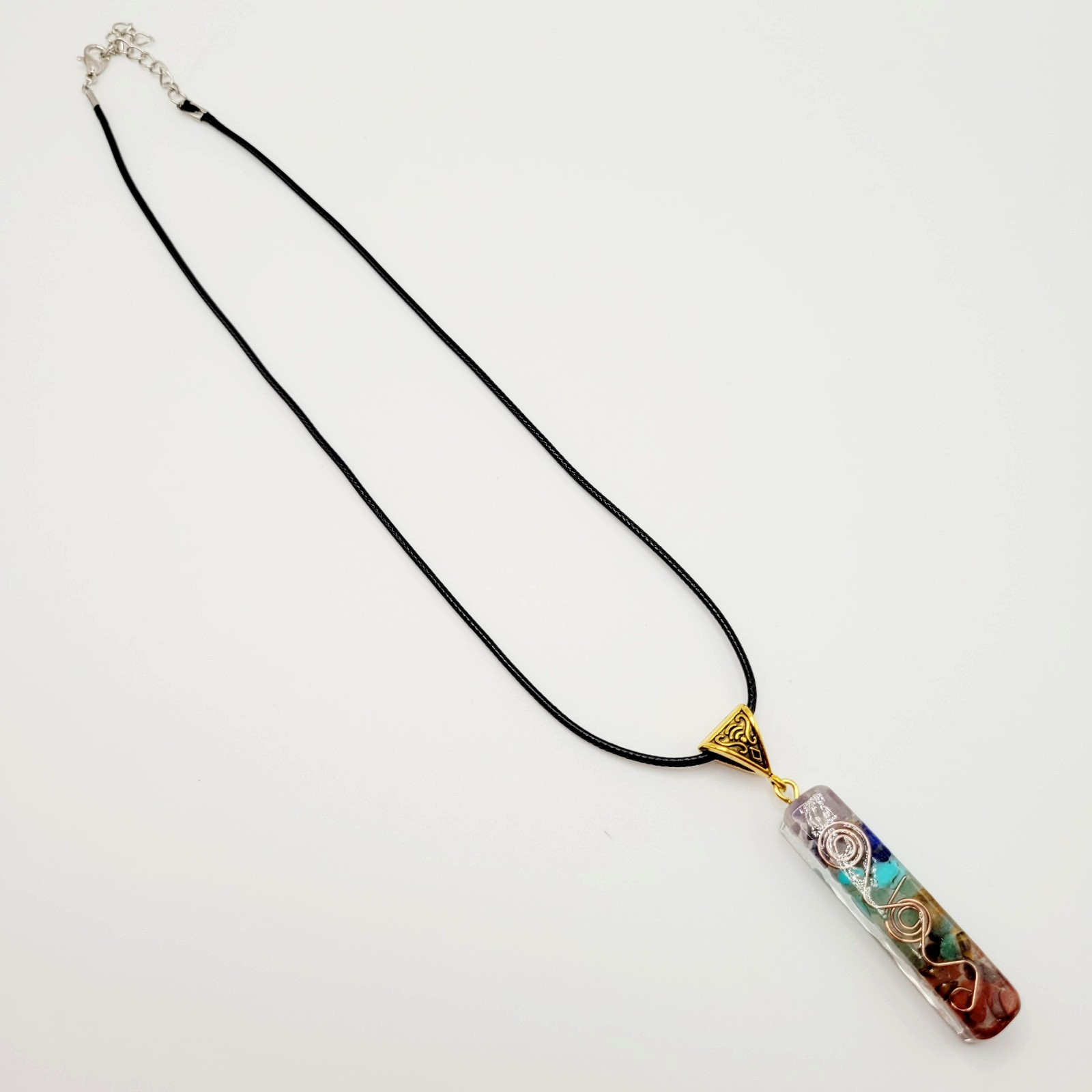 Modern Stone Chip Chakra Healing Meditation Pendant Faux Leather Cord Necklace