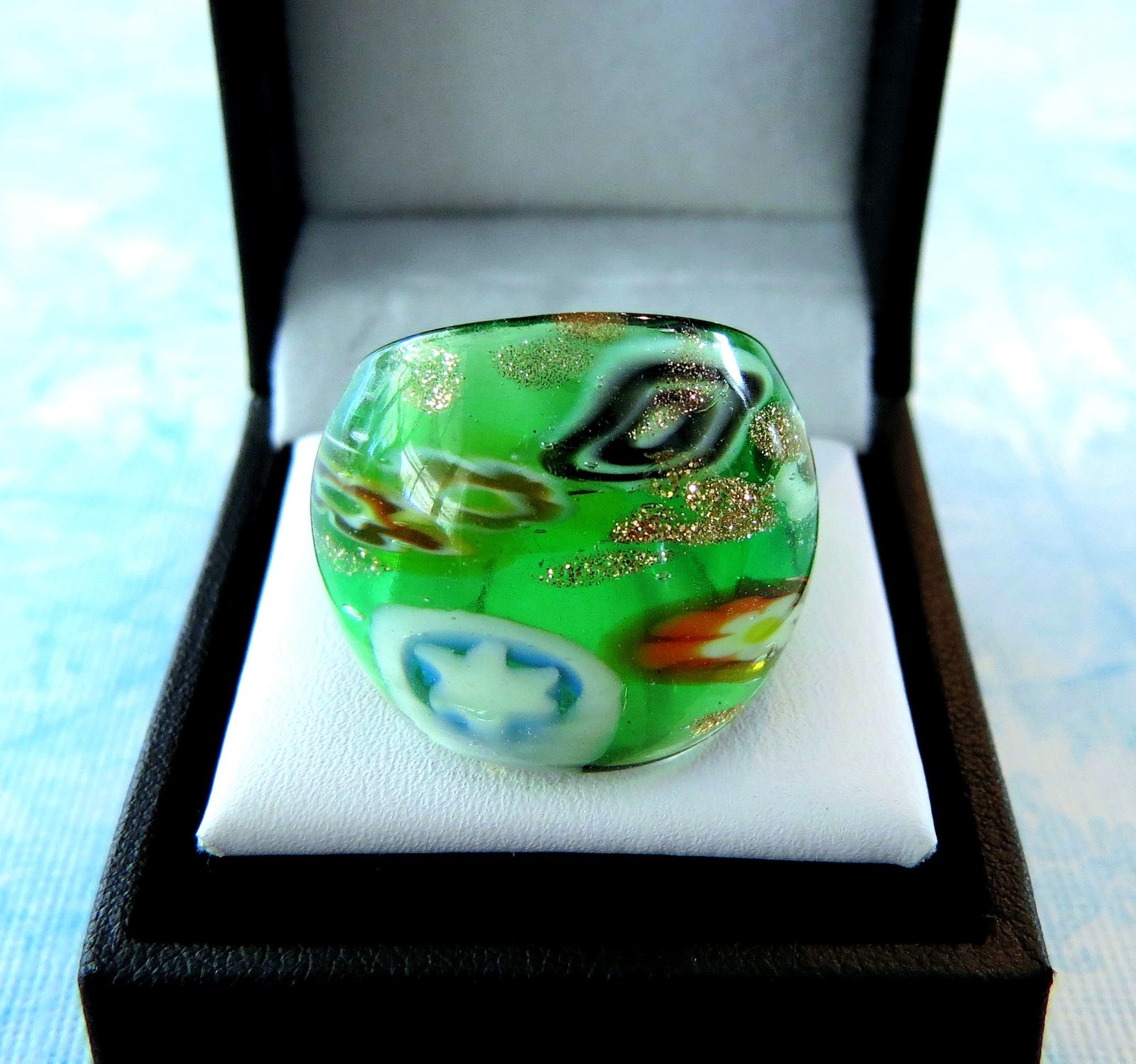 Bohemian Art Abstract Floral on Green Hand Blown Glass Bling Ring size 7.75