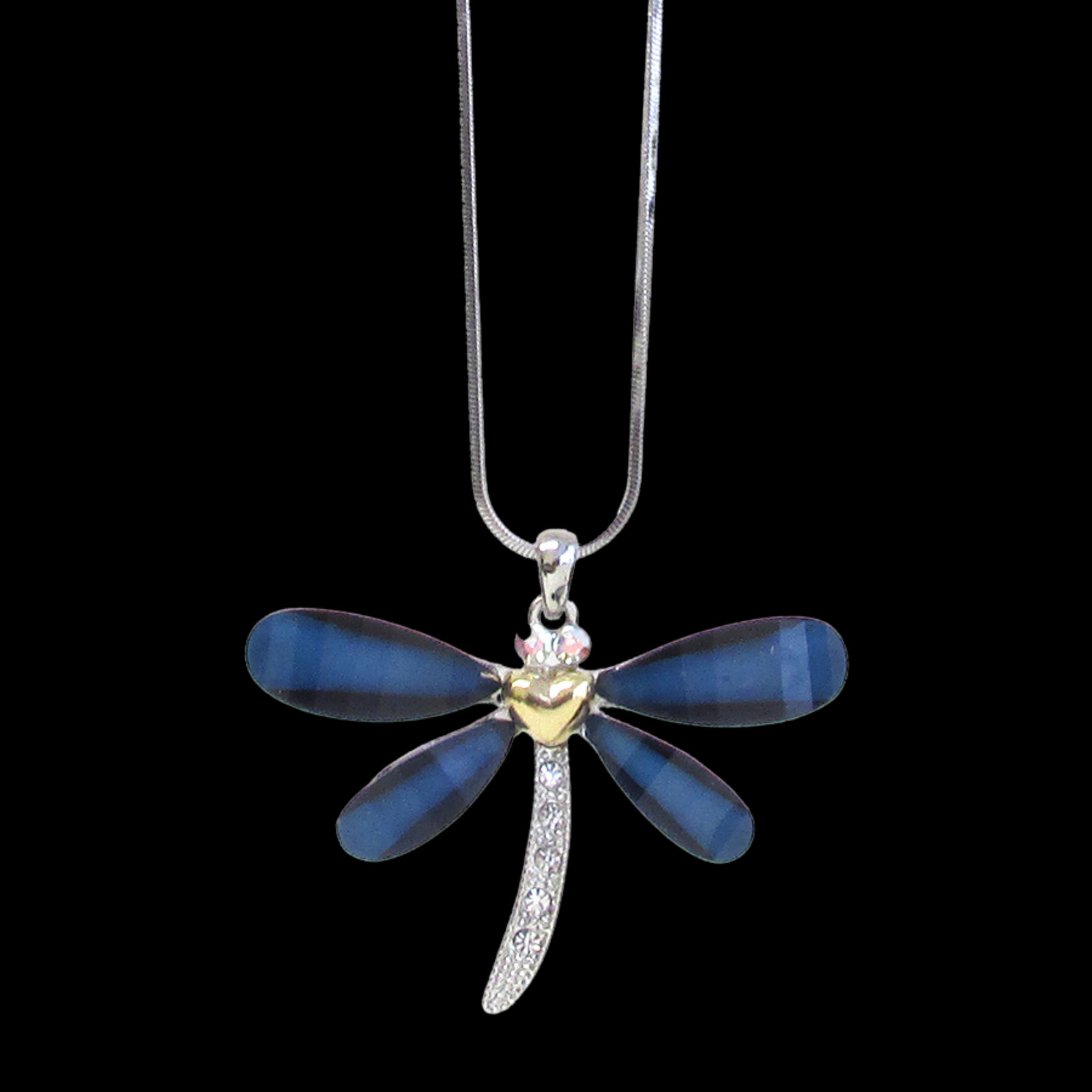 Blue Crystal Dragonfly Pendant Necklace White Gold
