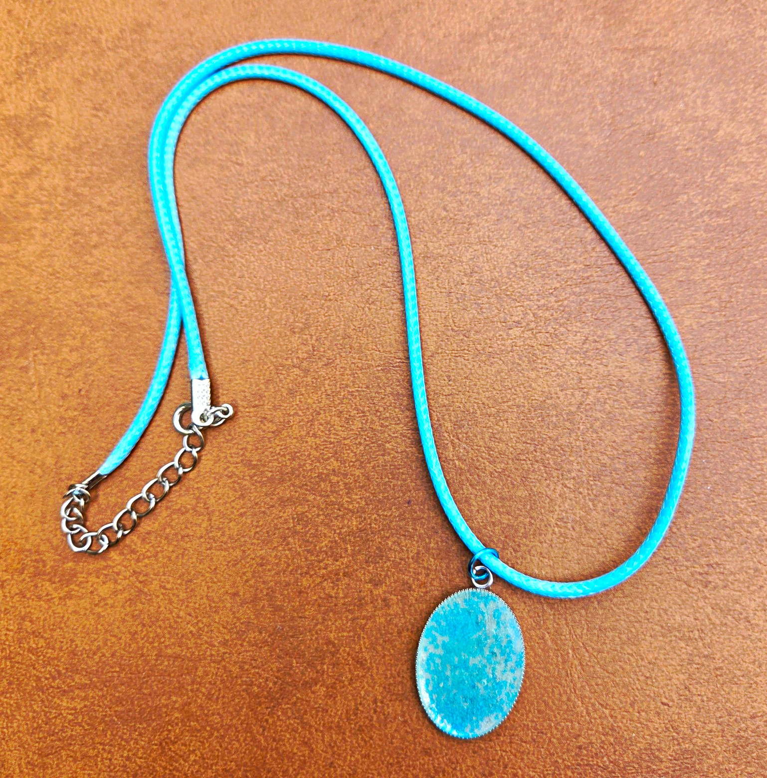 Homemade Cord Necklace w/ Silver Tone Oval Charm Pendant, Lobster Clasp
